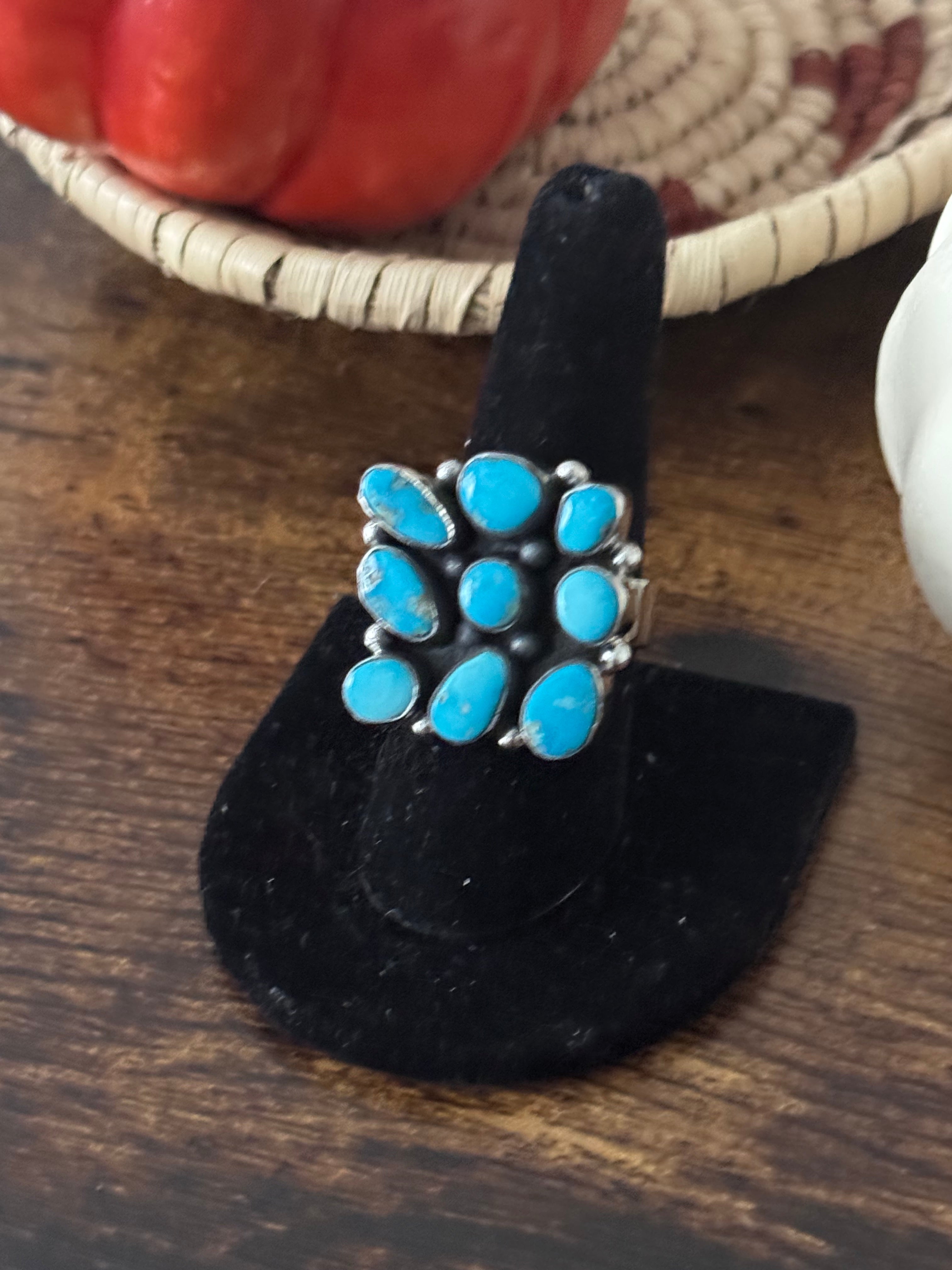 Southwest Handmade Valley Blue Turquoise & Sterling Silver Adjustable Cluster Ring