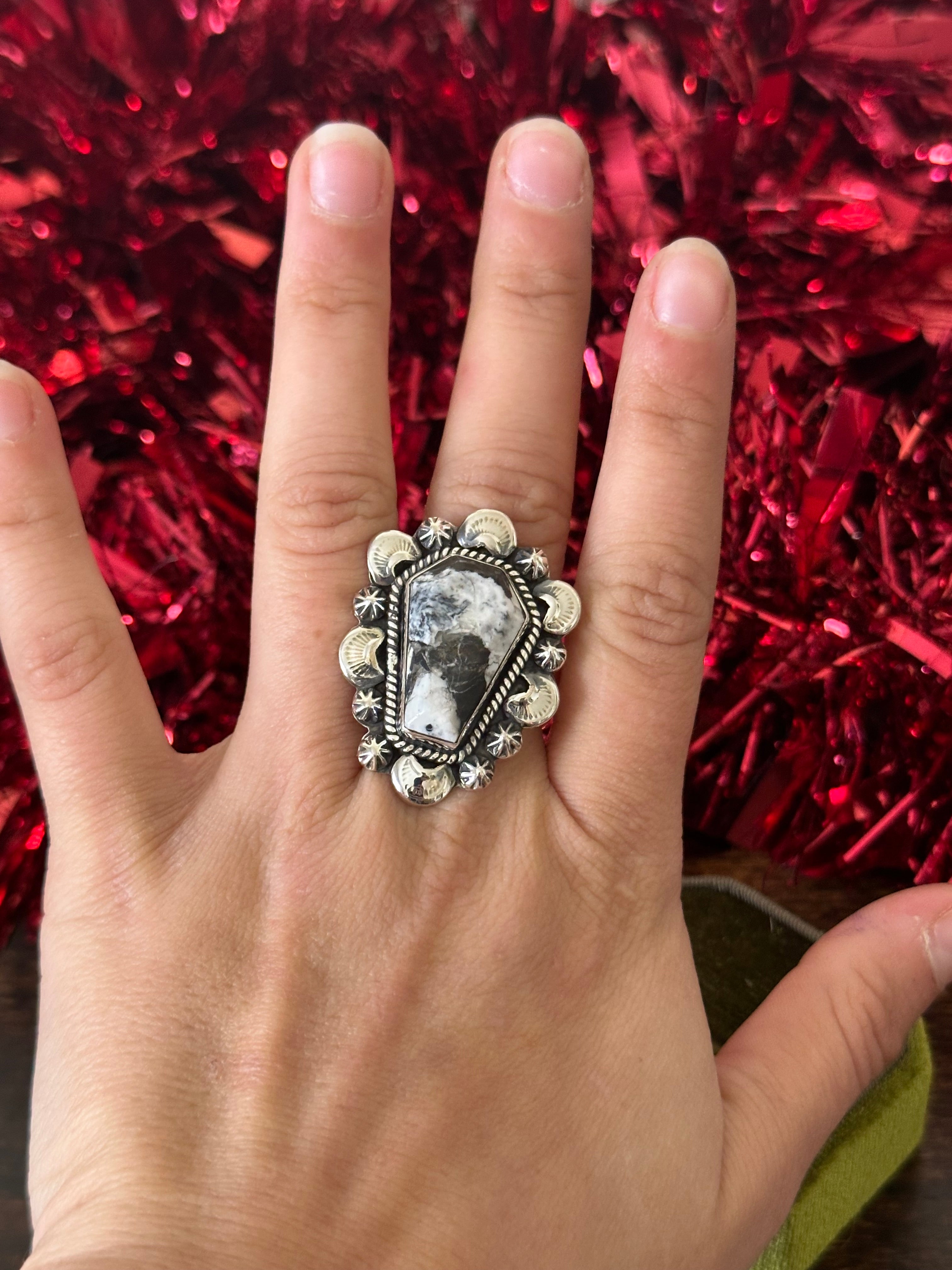 Southwest Handmade White Buffalo & Sterling Silver Adjustable Coffin Ring