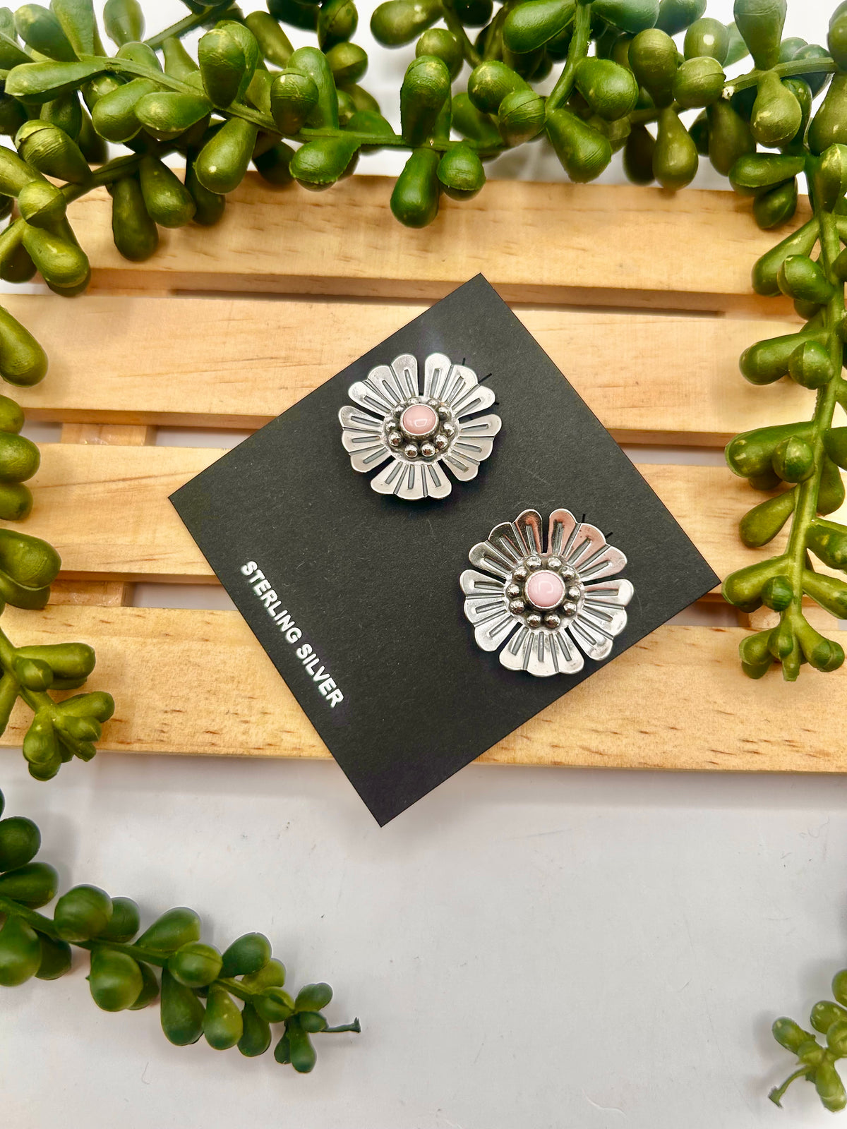 Navajo Made Pink Conch & Sterling Silver Post Flower Earrings