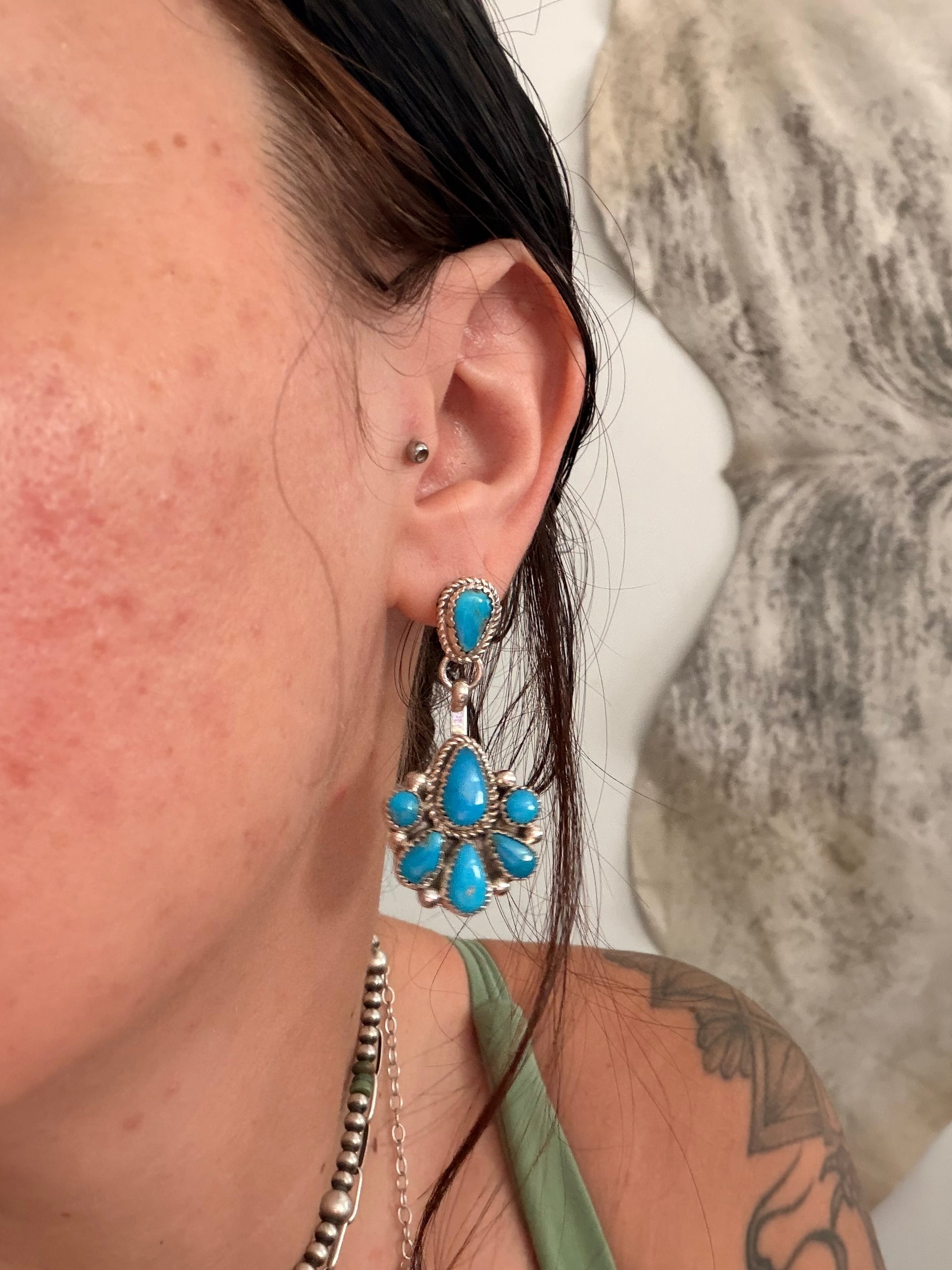 Alicia Wilson Kingman Turquoise & Sterling Silver Post Dangle Cluster Earrings