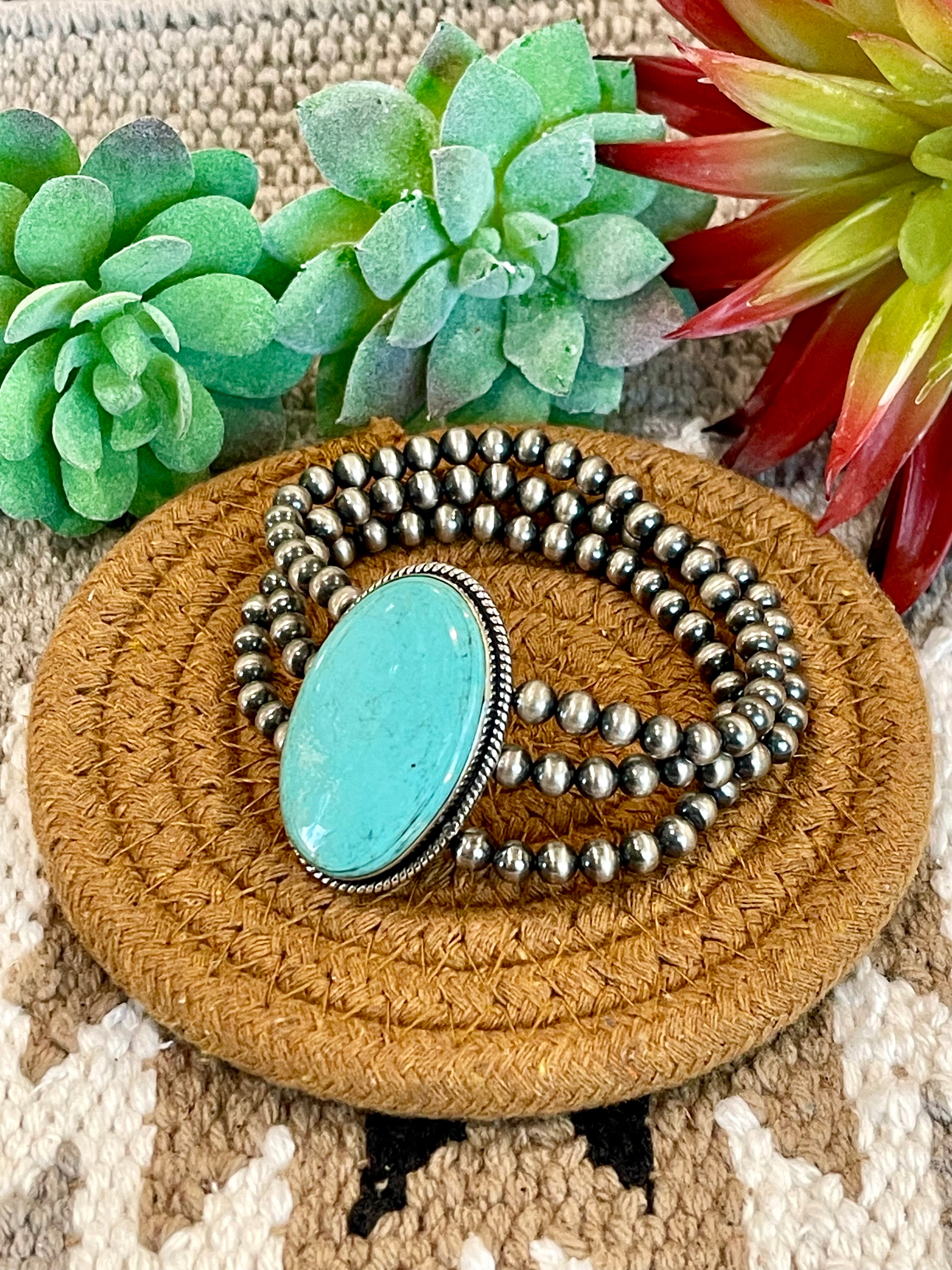 Southwest Handmade Kingman Turquoise & Sterling Silver 3 Strand Beaded Stretch Bracelet