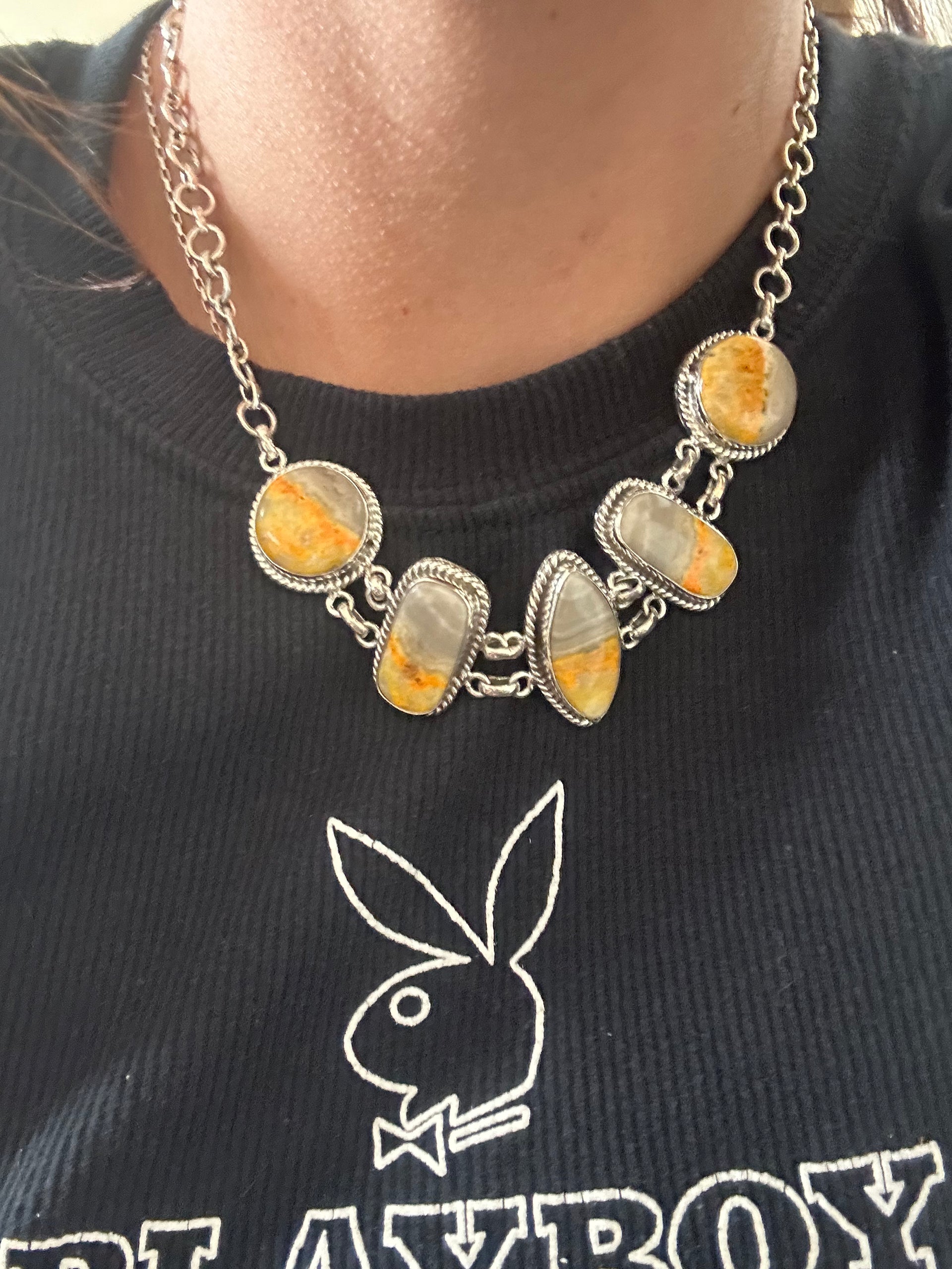 Southwest Made Bb Agate & Sterling Silver Chocker Necklace Set