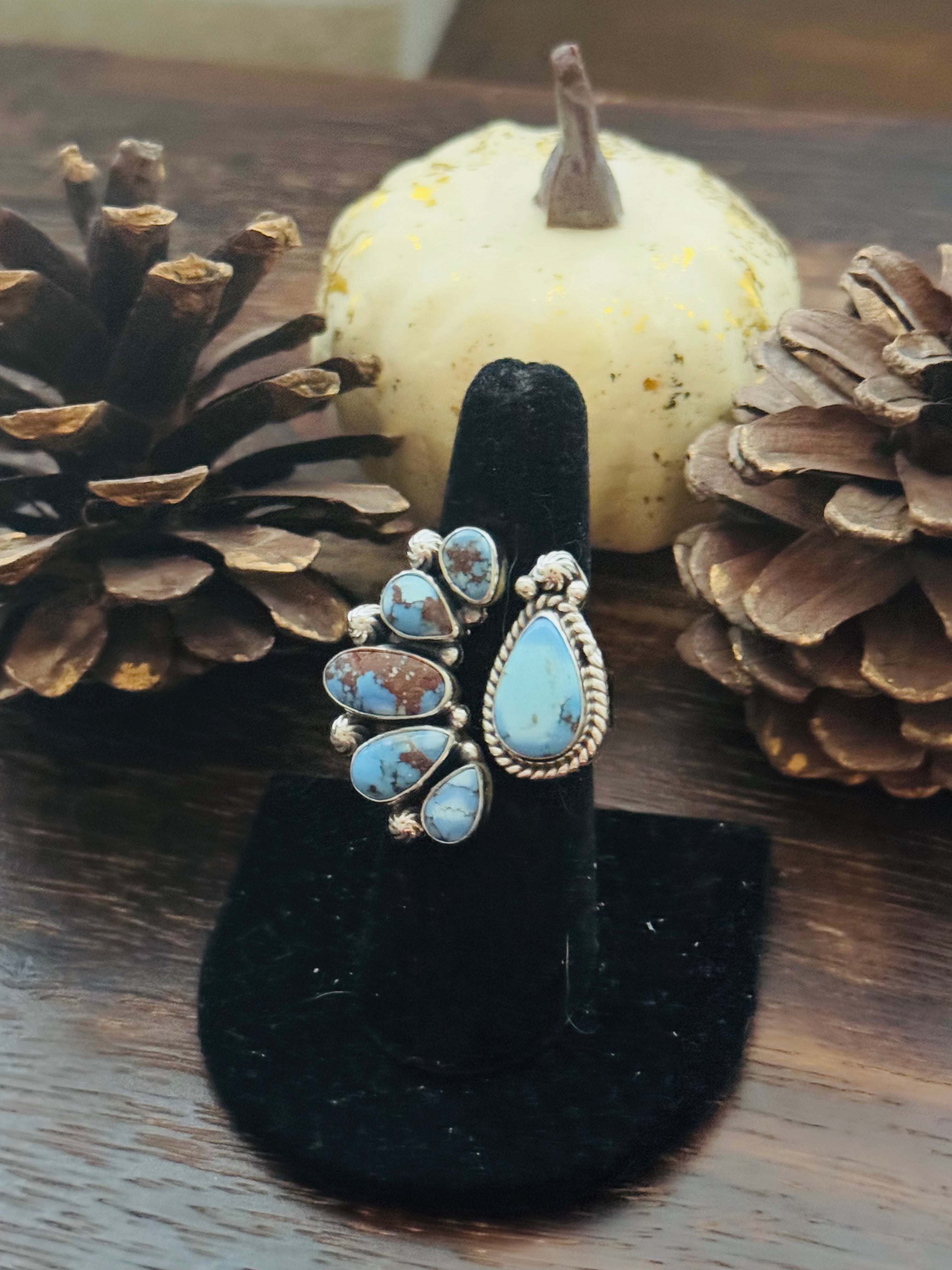 Southwest Handmade Golden Hills Turquoise & Sterling Silver Adjustable Cluster Ring