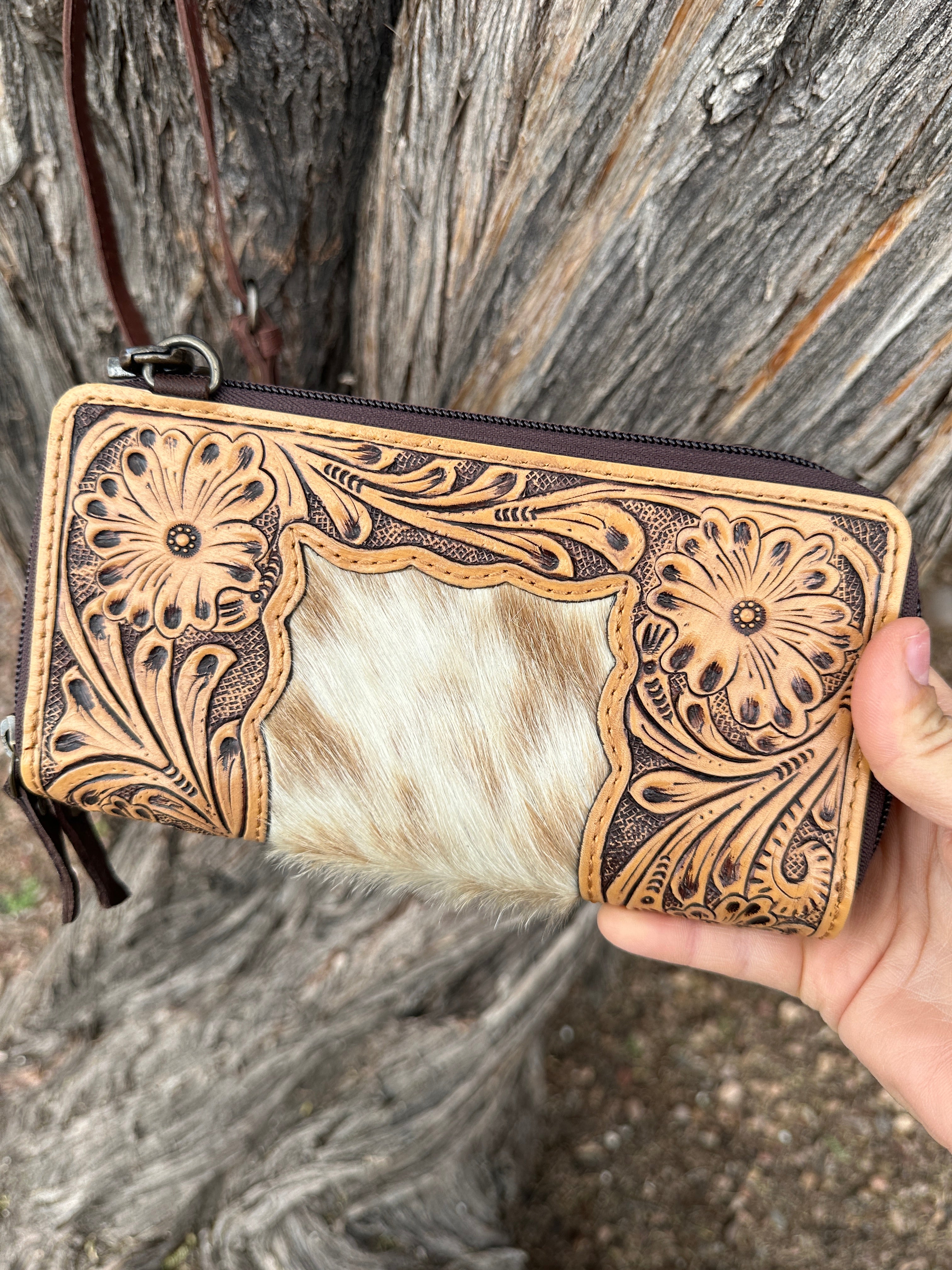 Genuine Tooled Leather & Cowhide Wallet Purse