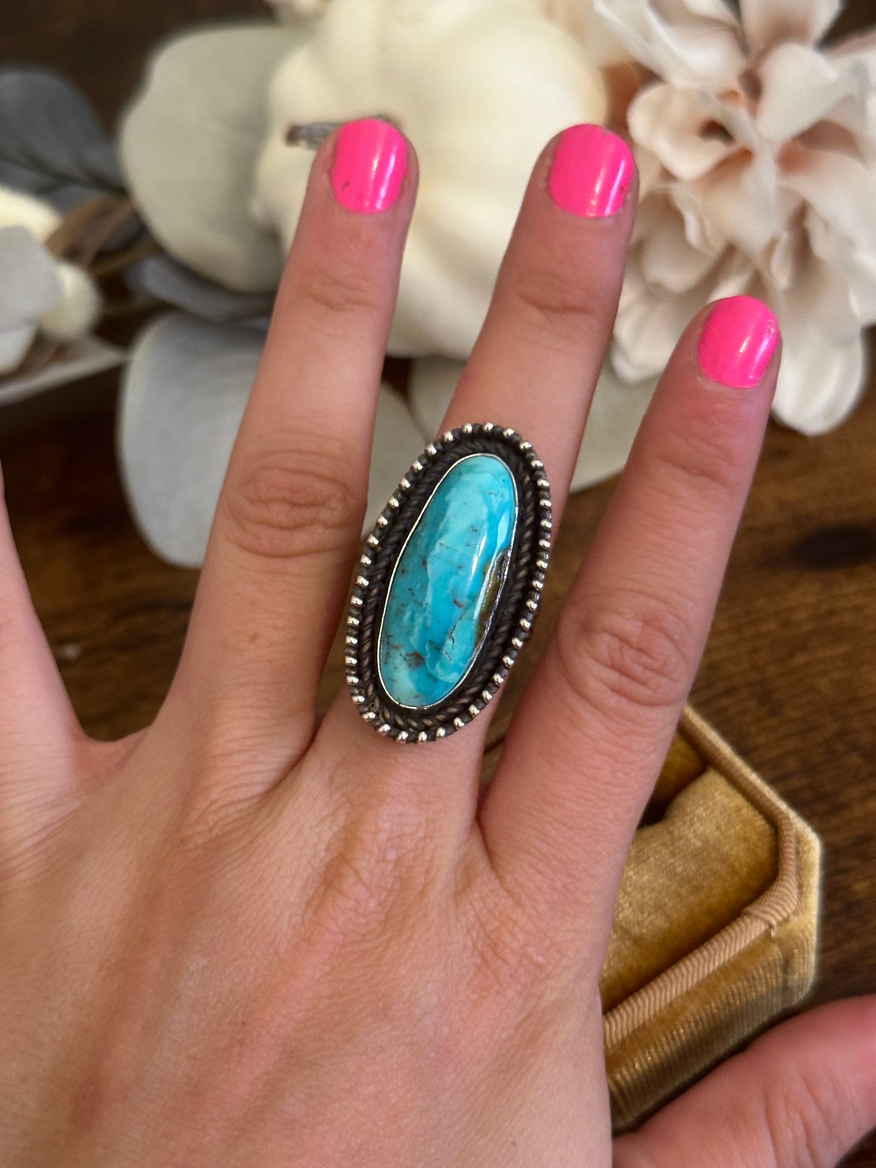 Navajo Made Kingman Turquoise & Sterling Silver Ring Size 7.25