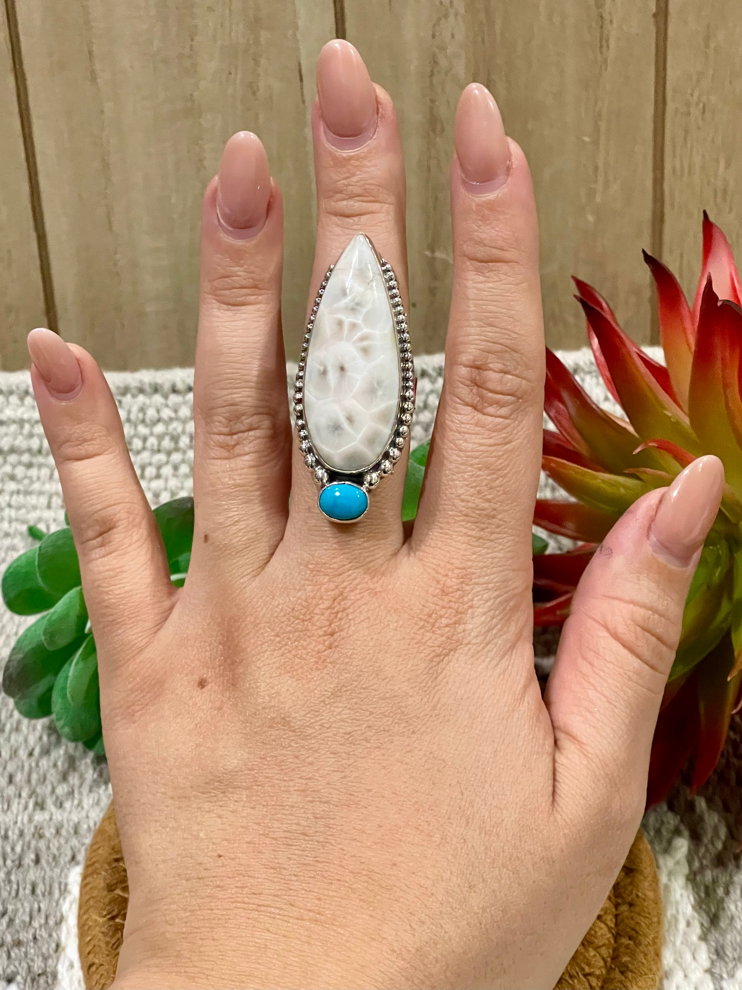 Southwest Handmade Pink Larimar With Kingman Turquoise & Sterling Silver Adjustable Ring