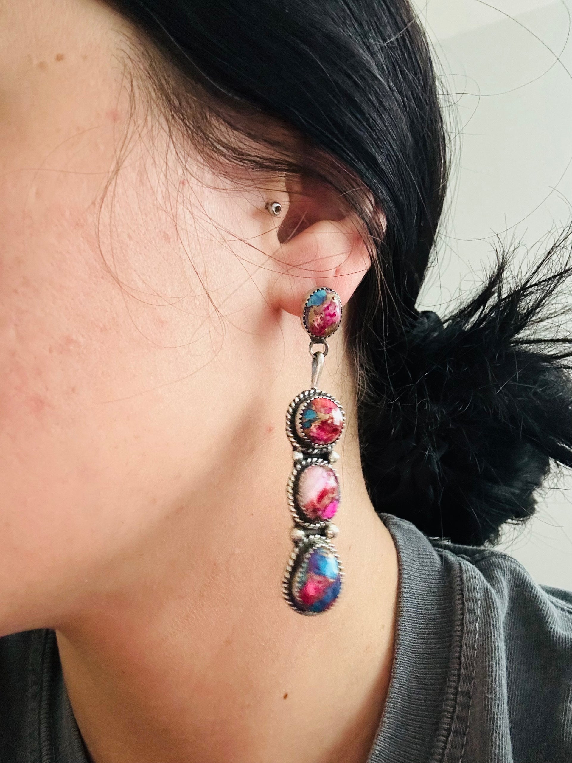 Judith Dixon Pink Mohave Turquoise & Sterling Silver Post Dangle Earrings