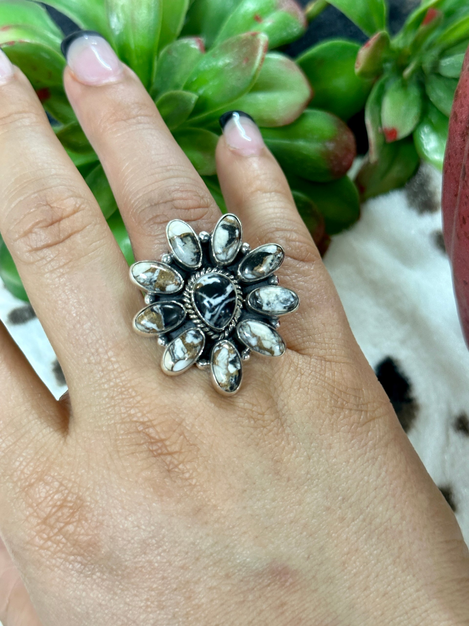 Southwest Handmade White Buffalo Mohave & Sterling Silver Cluster Adjustable Ring