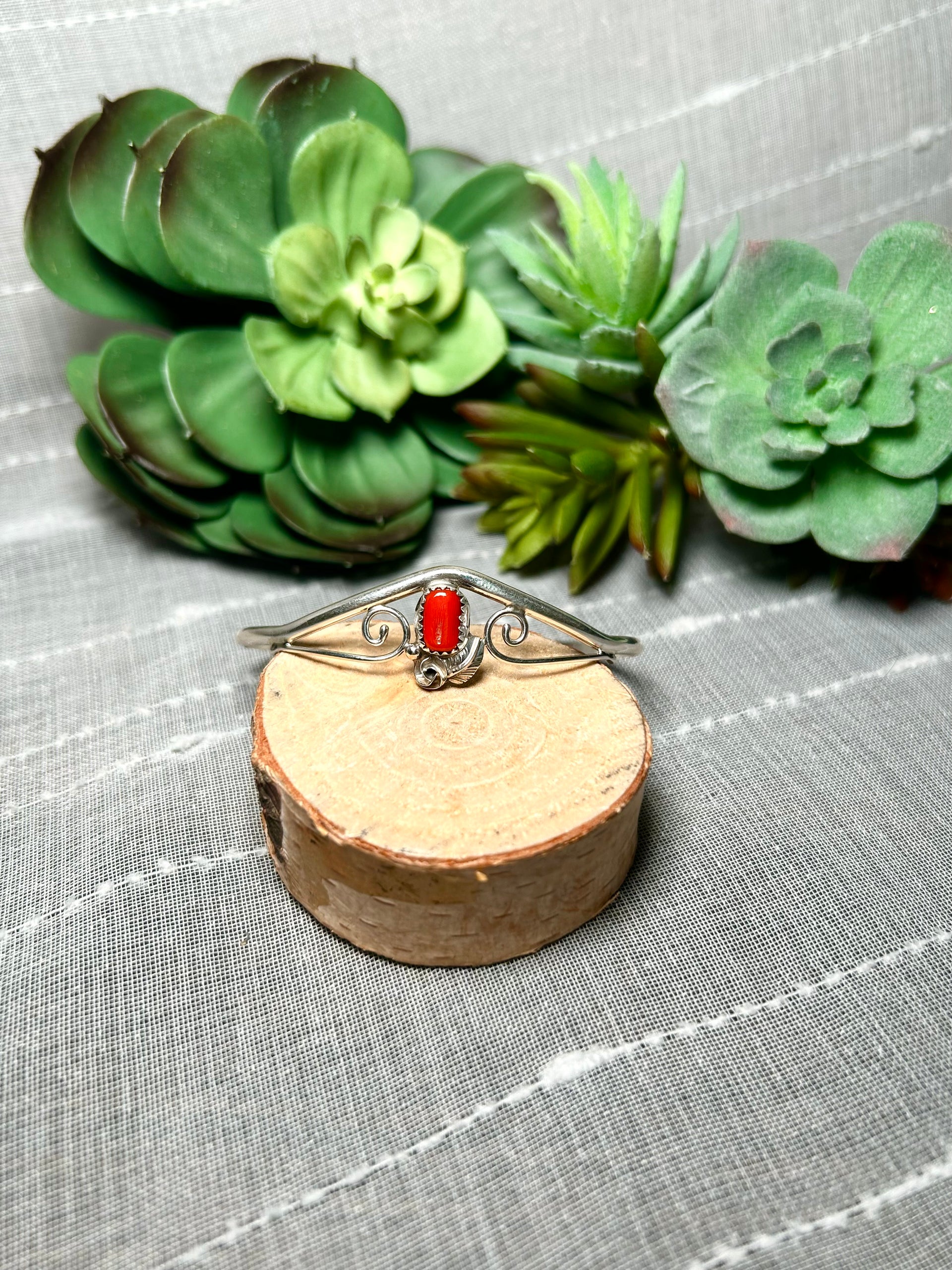 Navajo Made Red Coral & Sterling Silver Cuff Bracelet