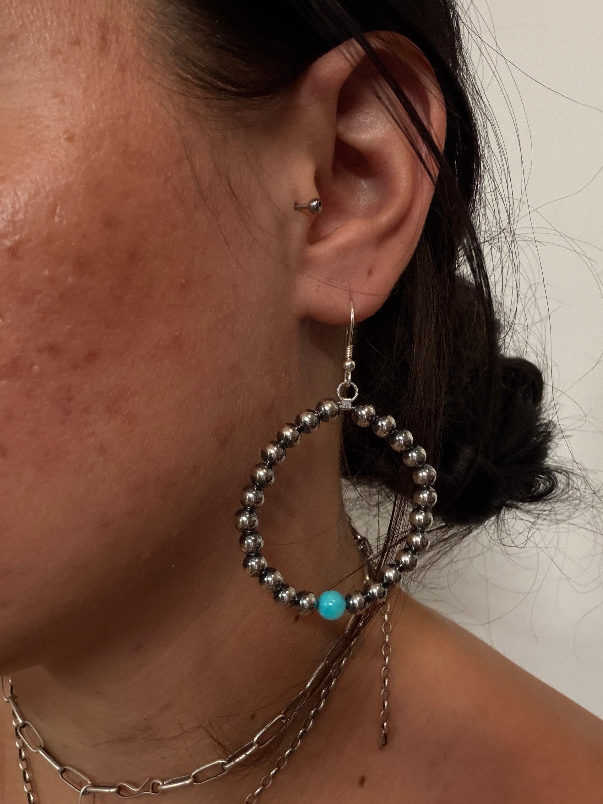 Navajo Strung Kingman Turquoise Sterling Silver Machine Made Pearls Dangle Earrings