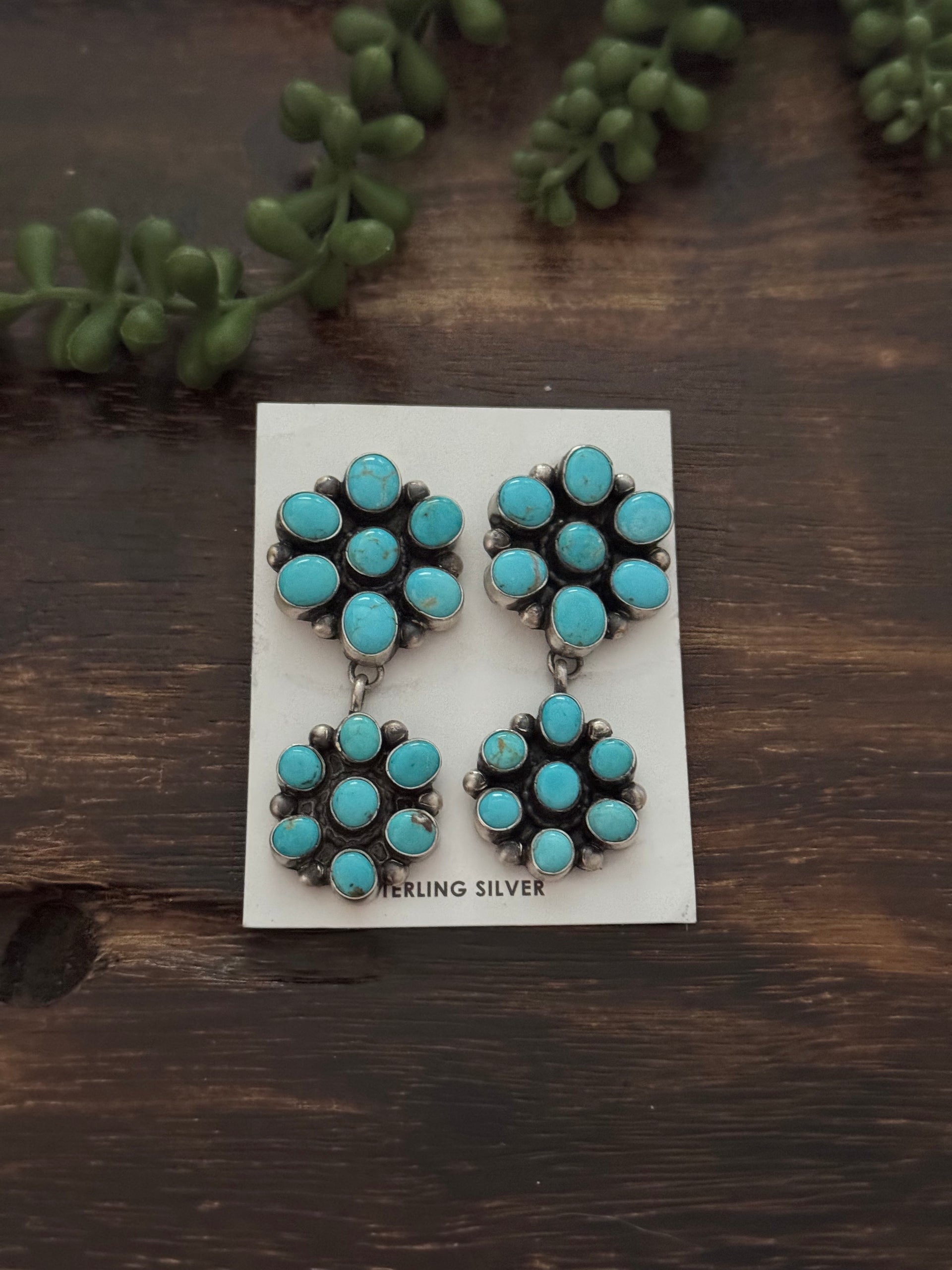 Navajo Made Kingman Turquoise & Sterling Silver Post Dangle Cluster Earrings