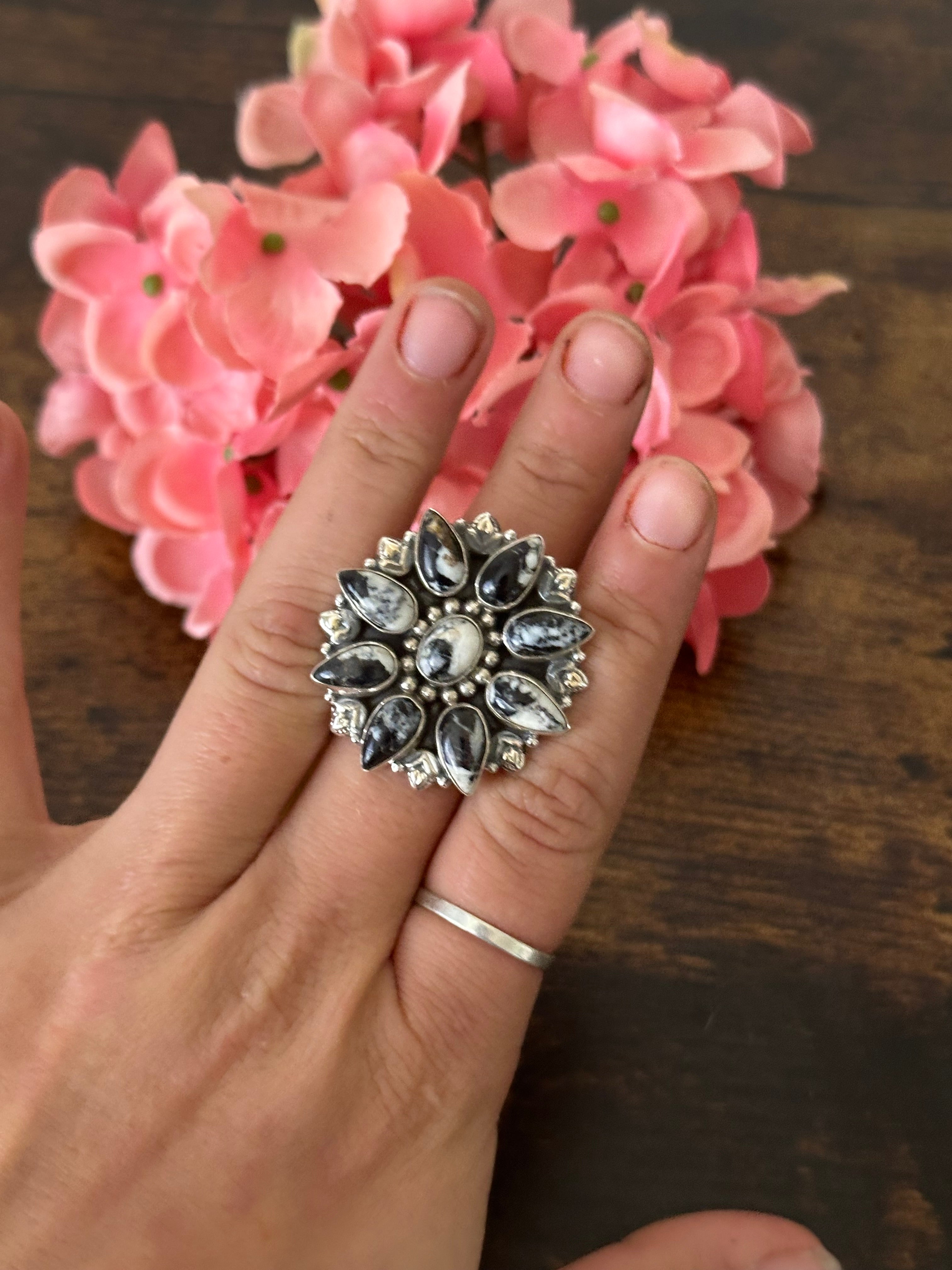 Southwest Handmade White Buffalo & Sterling Silver Cluster Adjustable Ring