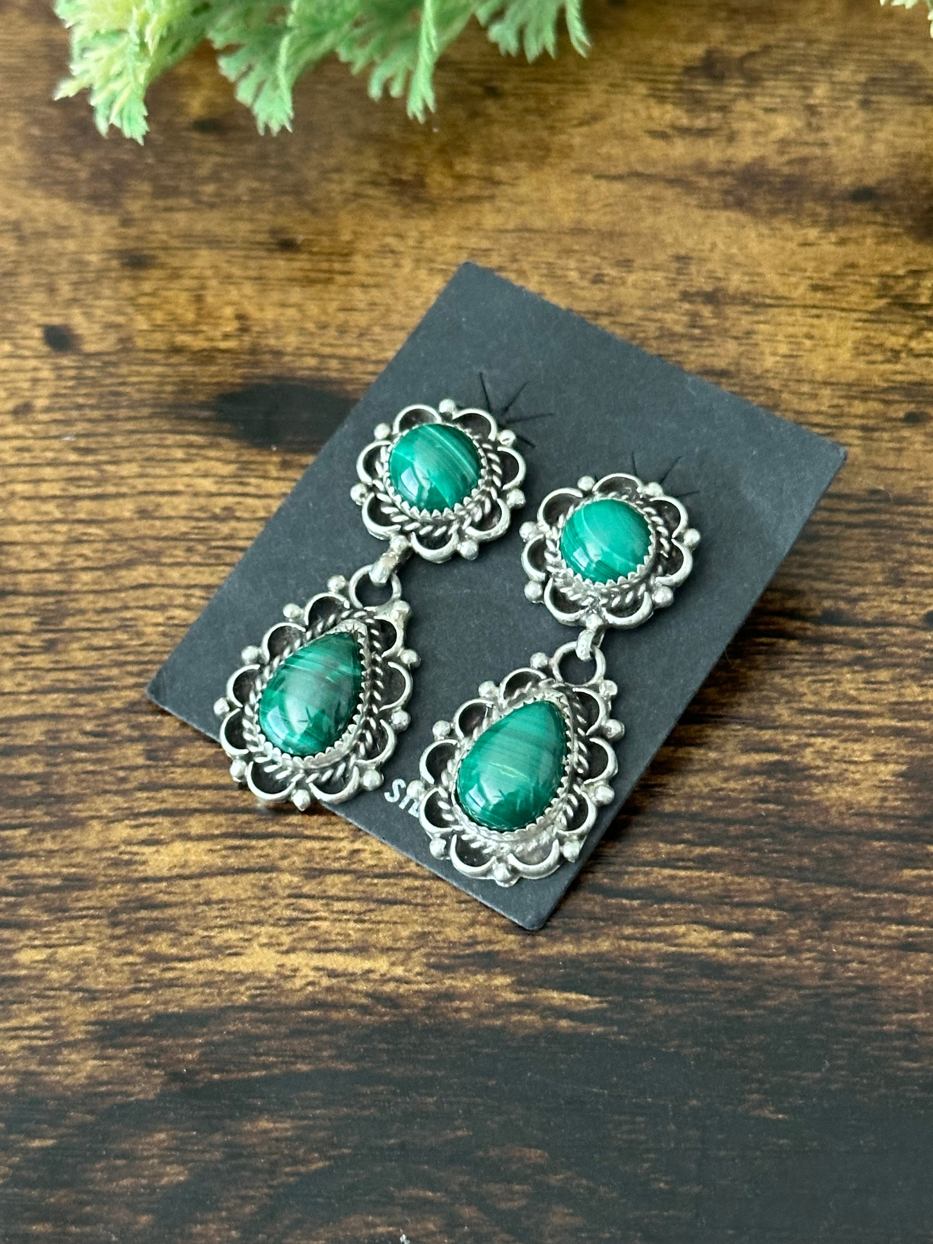 Navajo Handmade Malachite & Sterling Silver Dangle Earrings