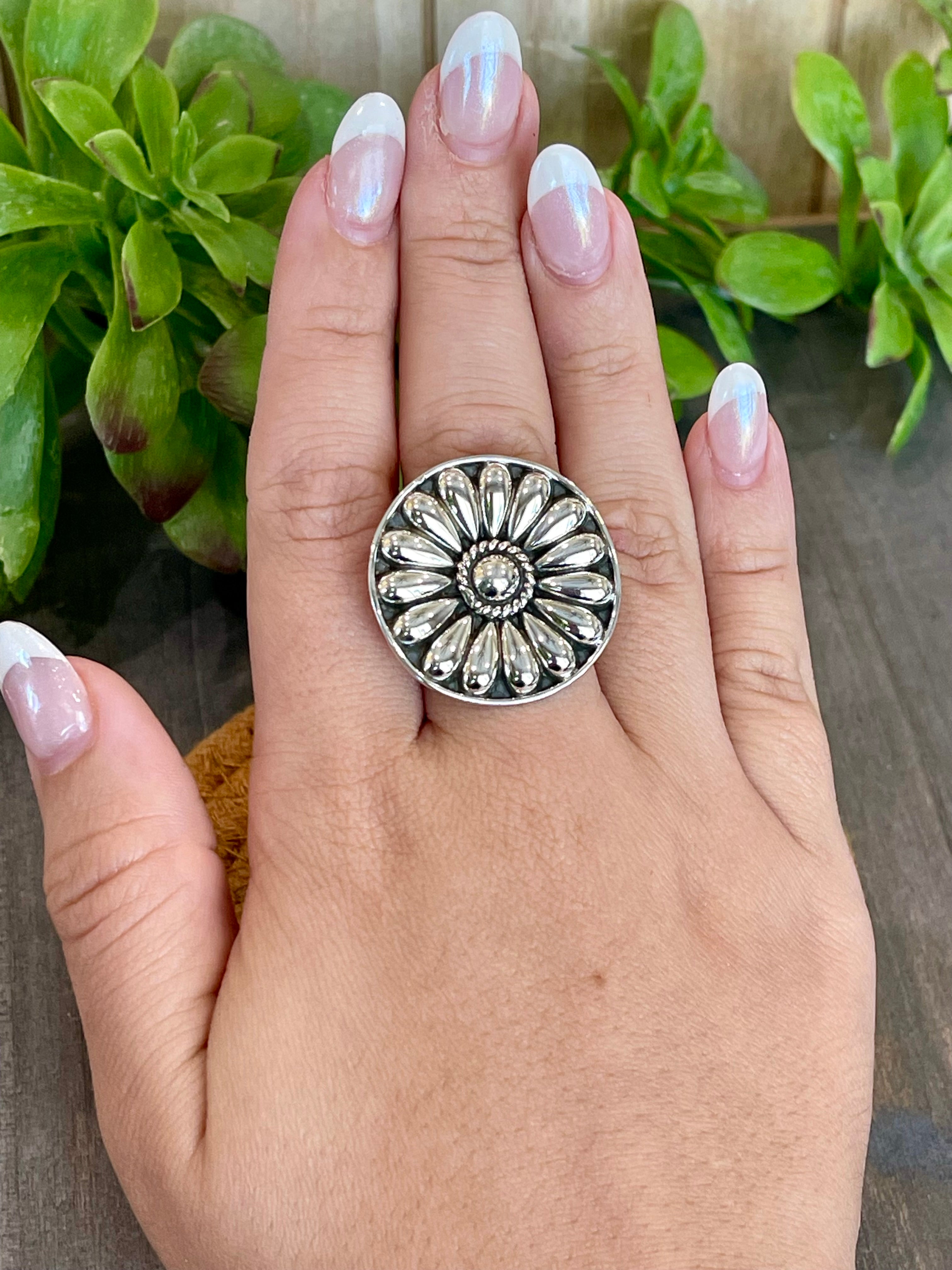 Southwest Handmade Sterling Silver Flower Circle Adjustable Ring