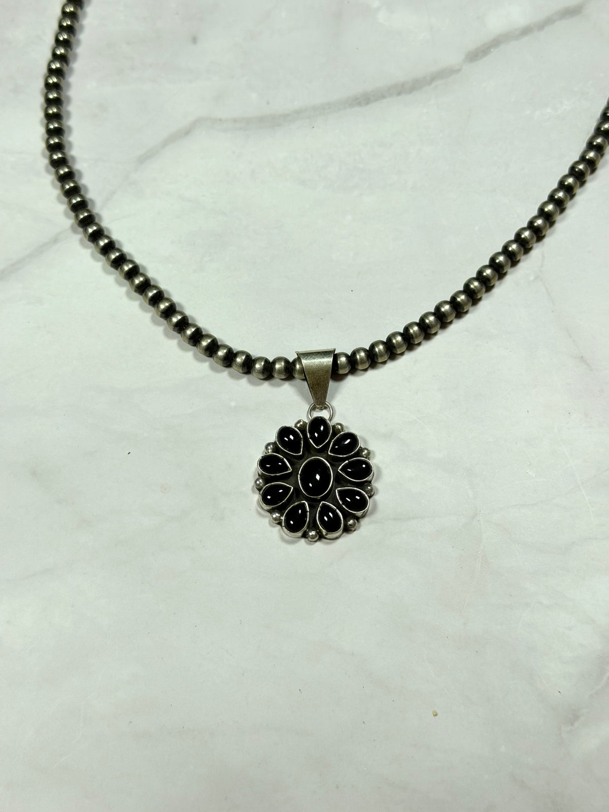 Navajo Made Onyx & Sterling Silver Cluster Pendant