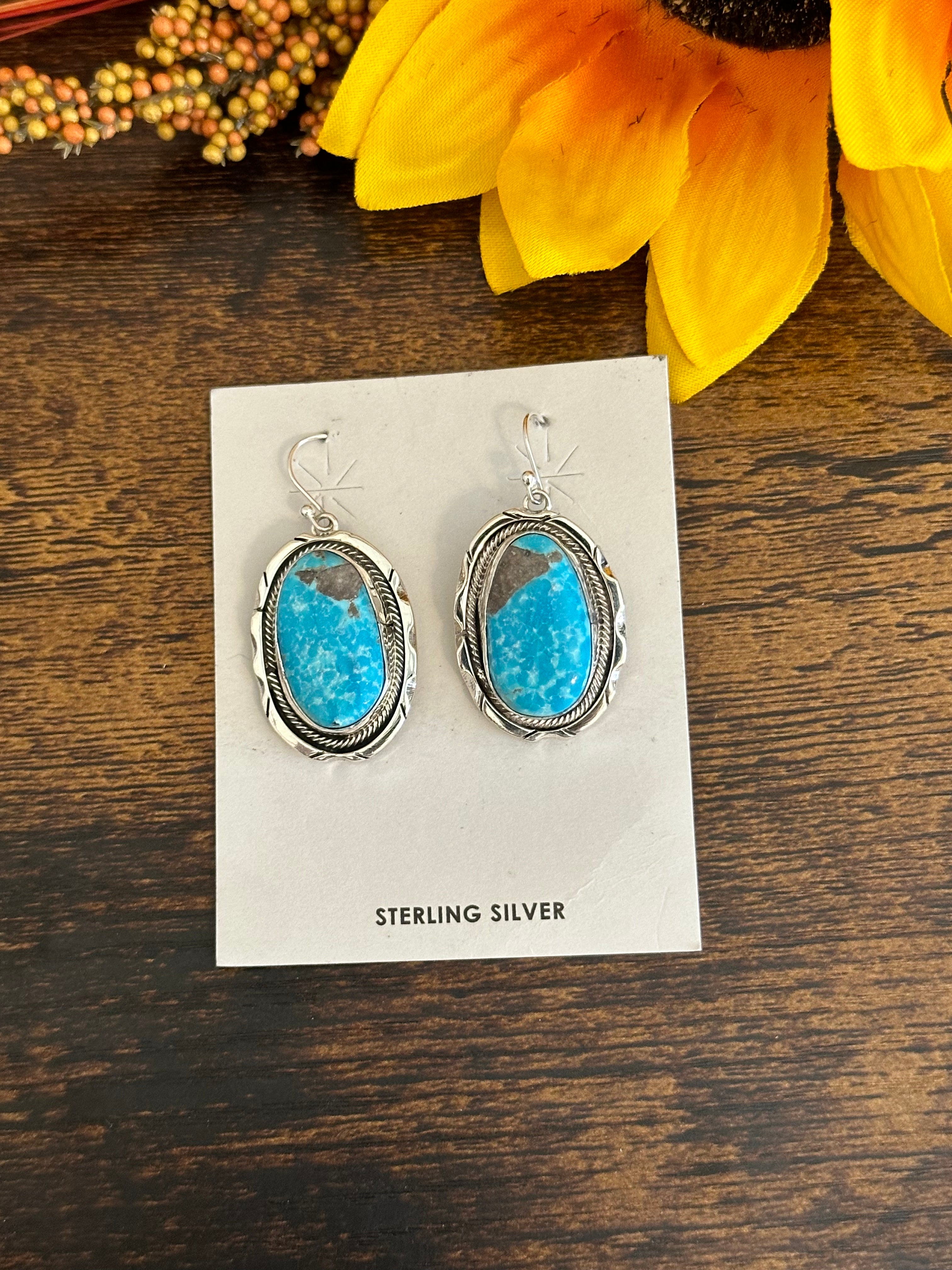 Navajo Made Kingman Turquoise & Sterling Silver Dangle Earrings