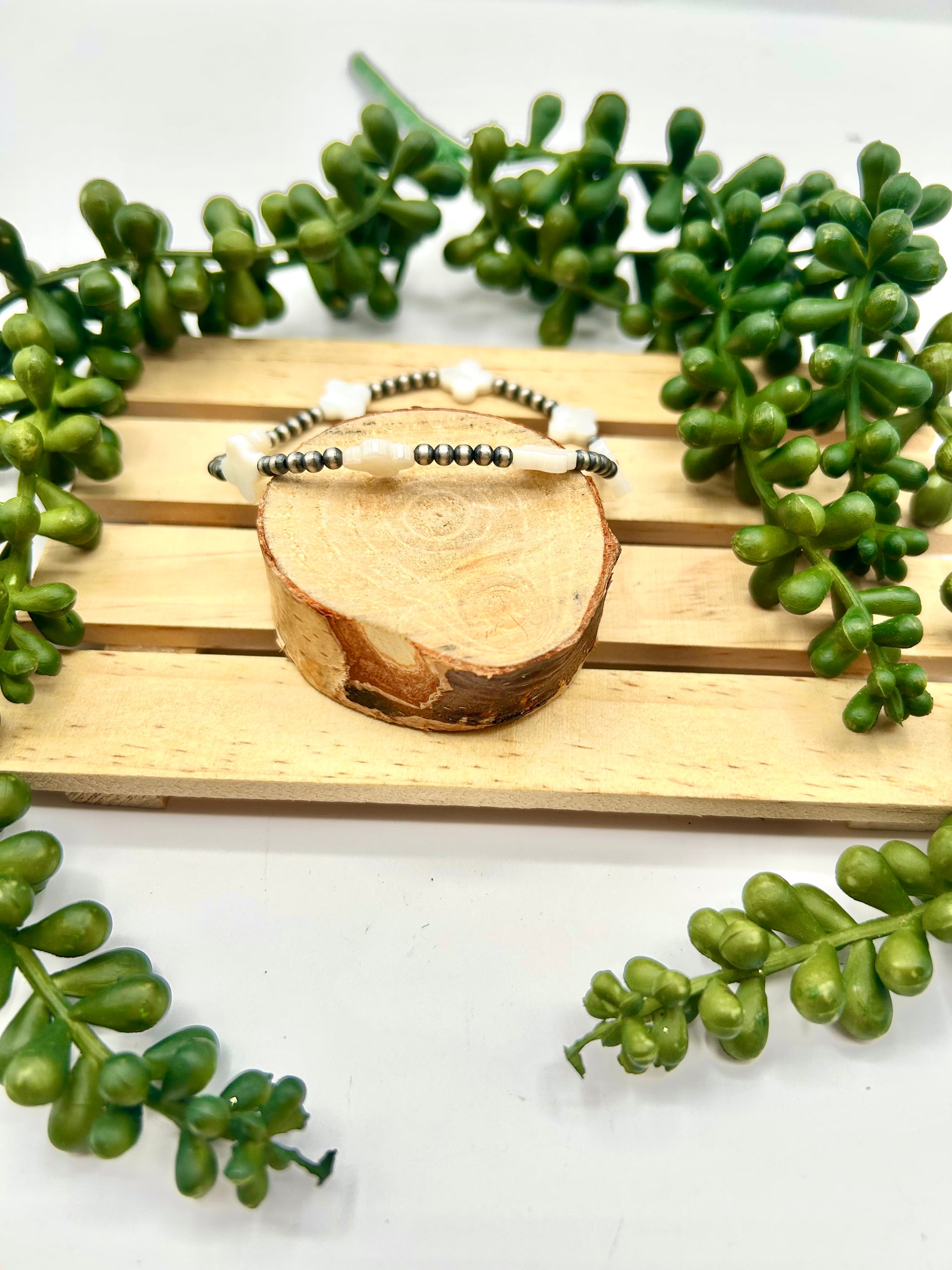 Navajo Made Mother of Pearl & Sterling Silver Strung Stretchy Bracelet