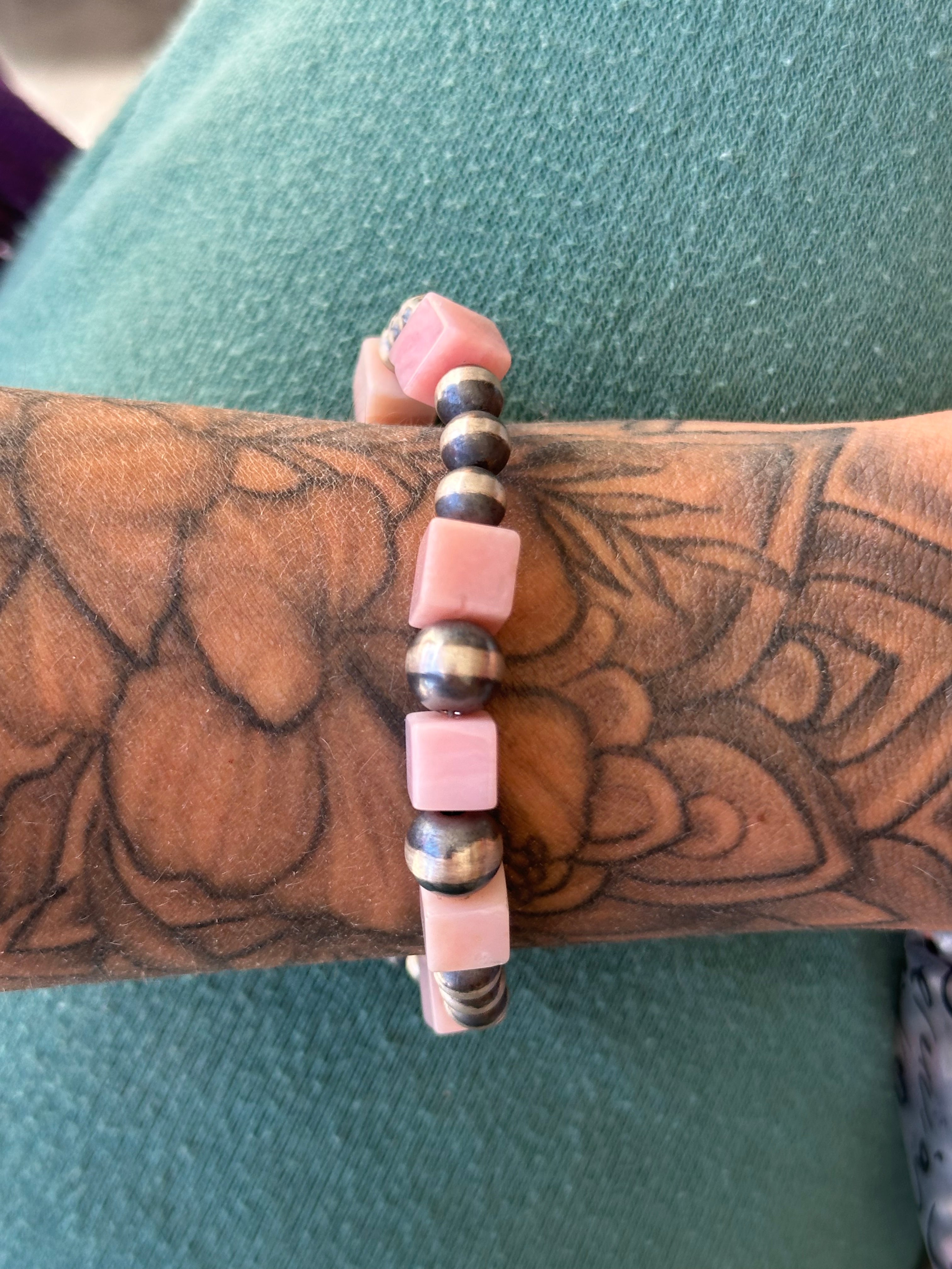 Navajo Strung Peruvian Pink Opal & Sterling Silver Pearl Beaded Bracelet