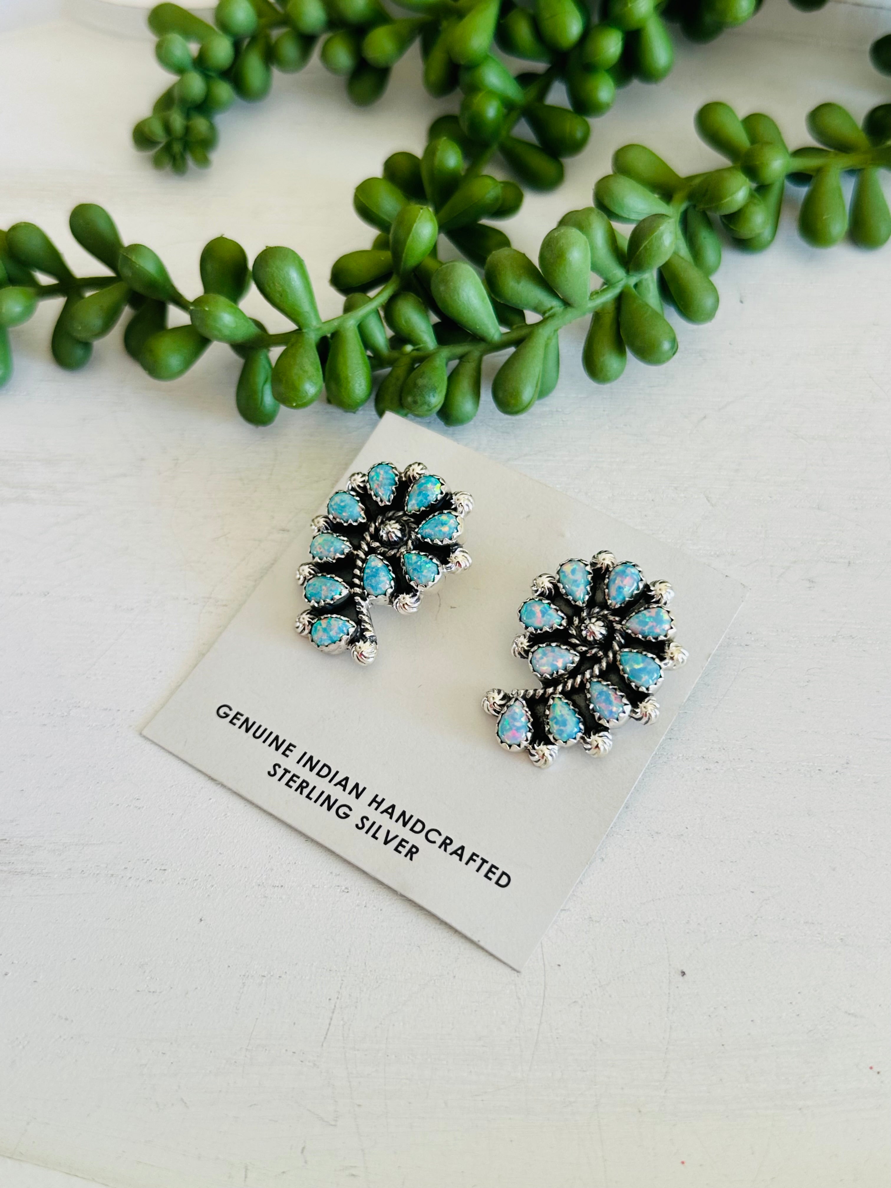 Southwest Handmade Blue Opal & Sterling Silver Post Cluster Earrings