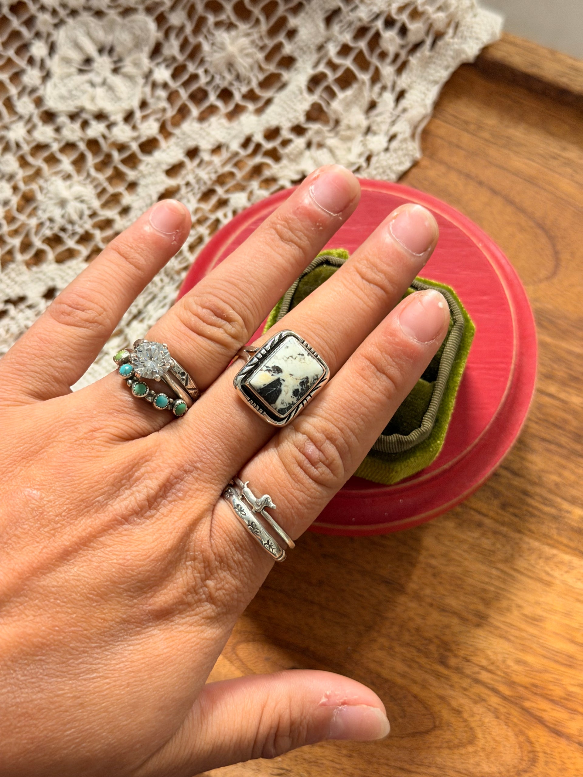 Navajo Made White Buffalo & Sterling Silver Ring Size 8