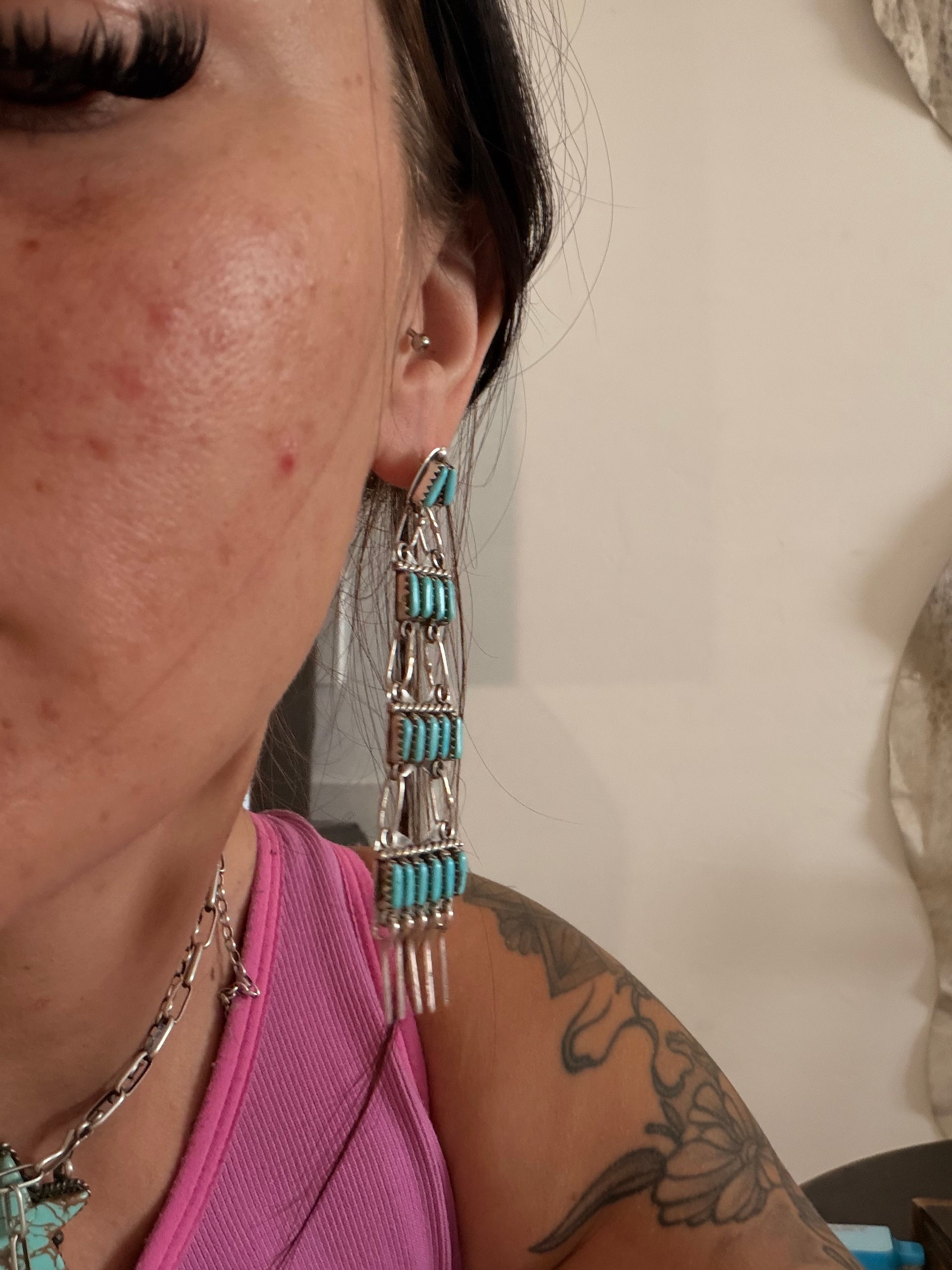 Geraldine Faber Kingman Turquoise & Sterling Silver Post Dangle Cluster Earrings