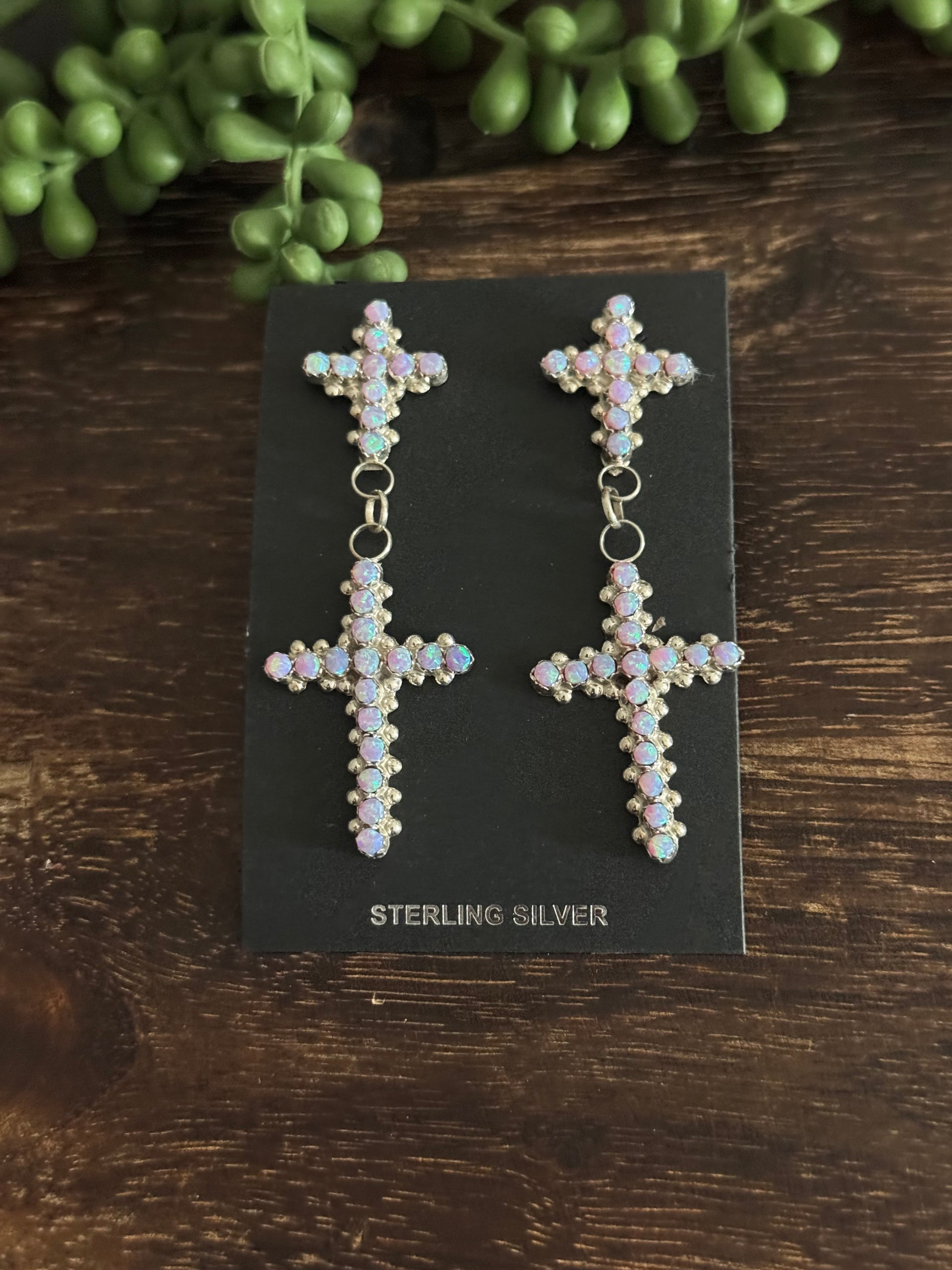 Zuni Made Purple Opal & Sterling Silver Post Dangle Cluster Cross Earrings