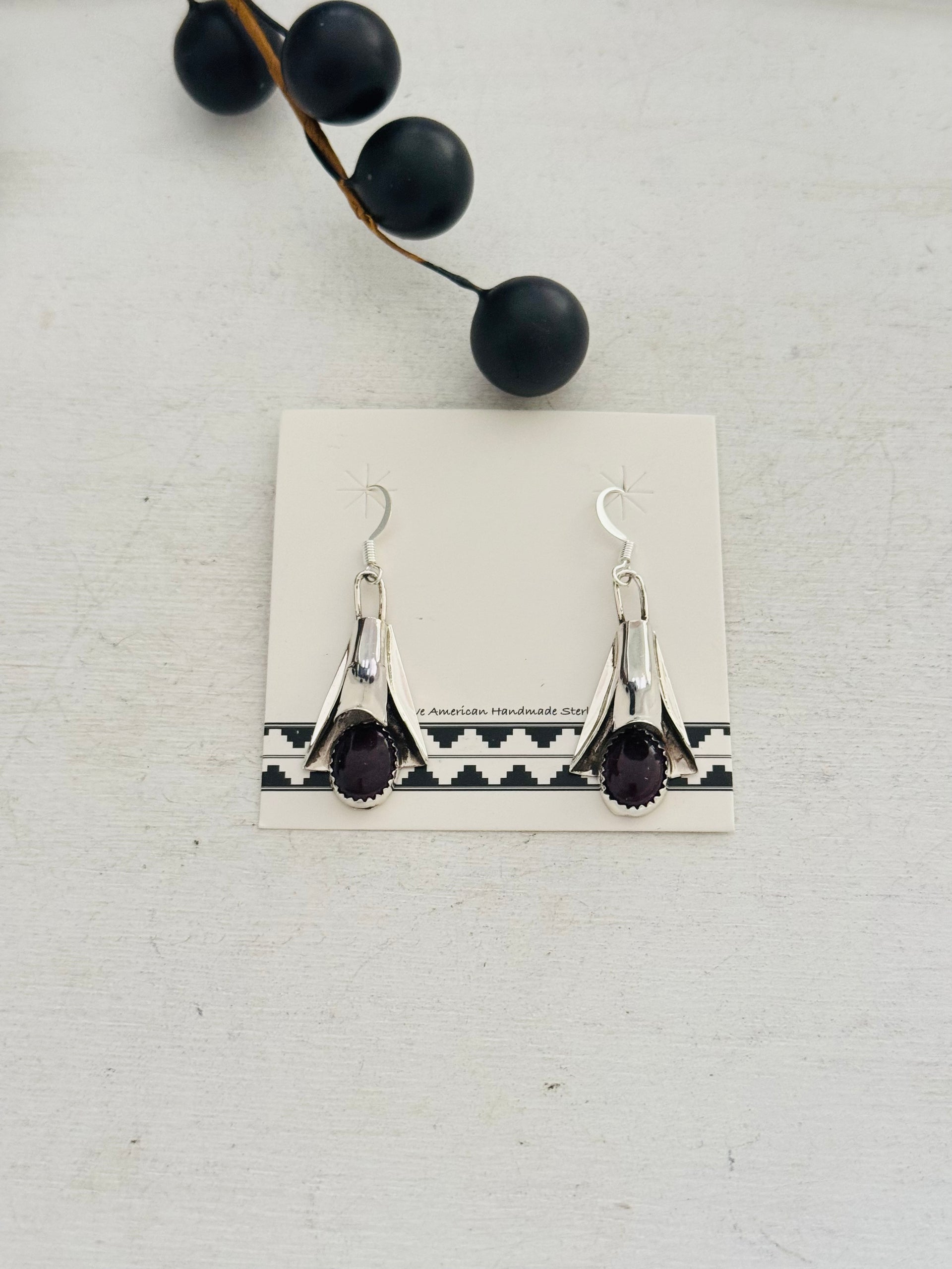 Louise Yazzie Purple Spiny Oyster & Sterling Silver Blossom Dangle Earrings