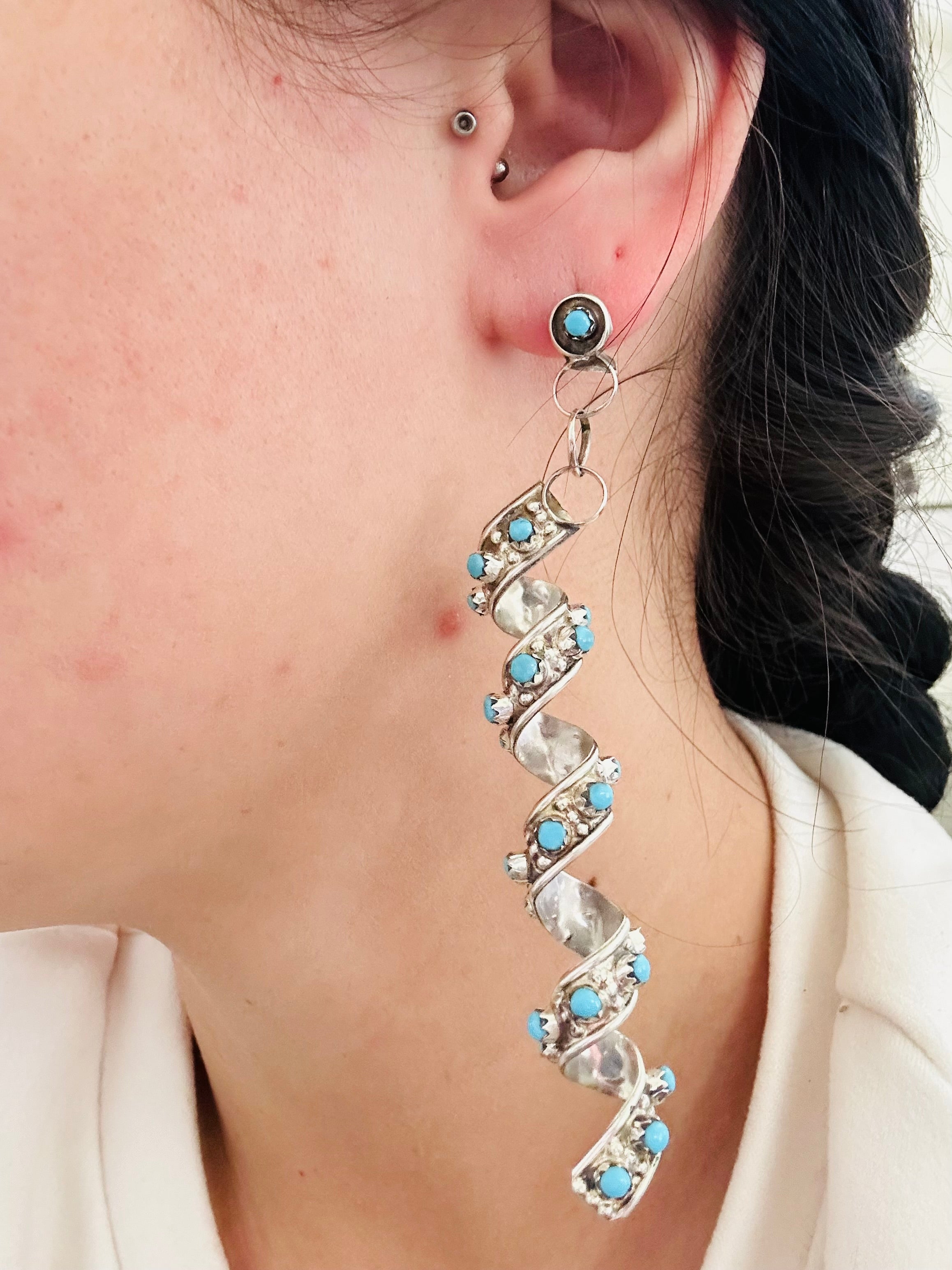 Zuni Made Turquoise & Sterling Silver Post Dangle Earrings