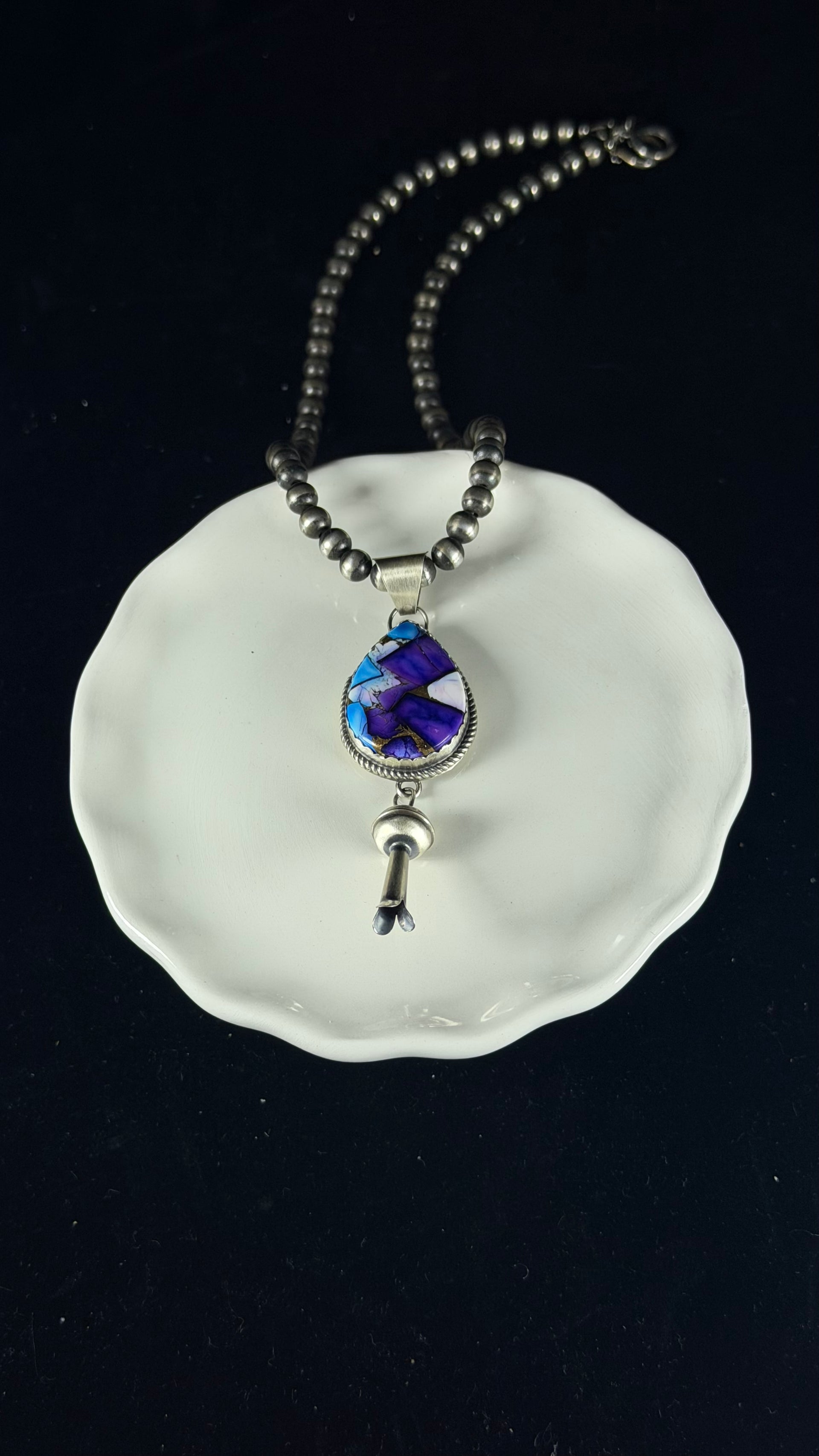 Navajo Made Purple Mohave Turquoise & Sterling Silver Blossom Pendant