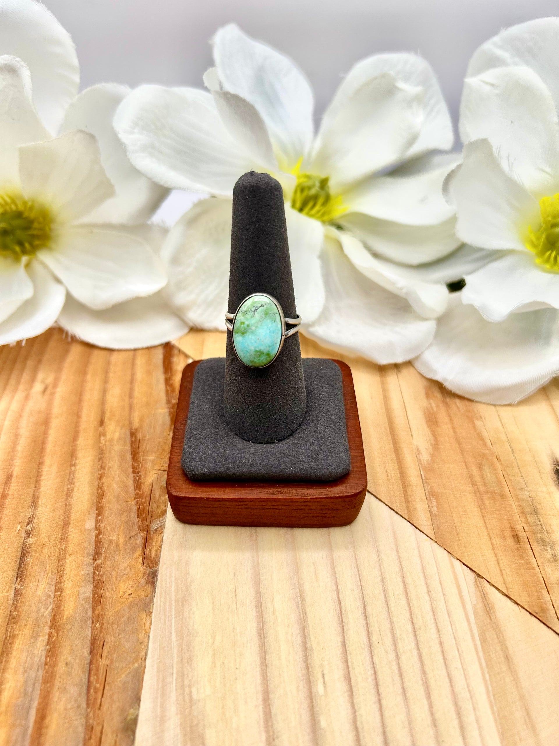 Navajo Made Sonoran Gold Turquoise & Sterling Silver Ring Size 8