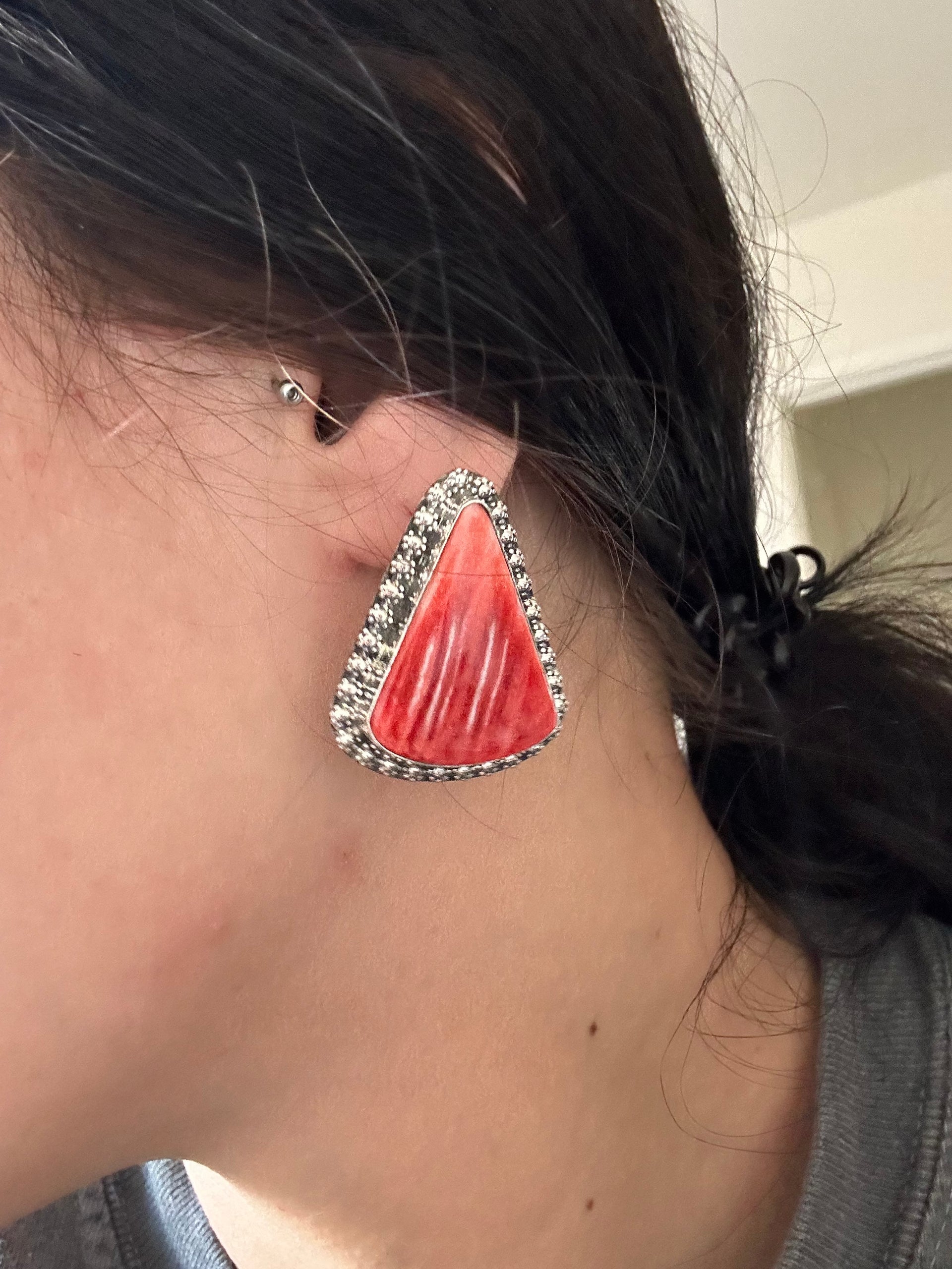 Navajo Made Red Spiny Oyster & Sterling Silver Post Earrings