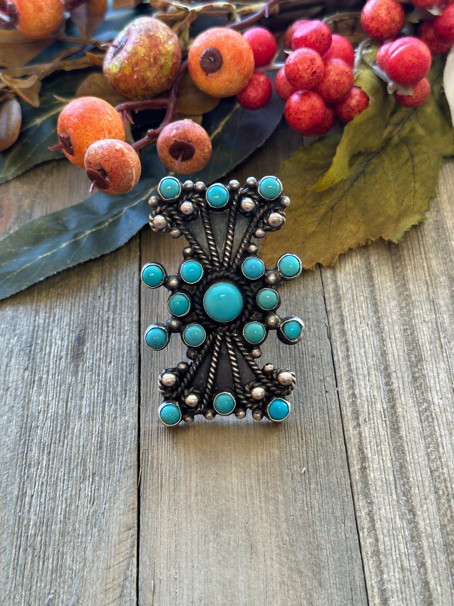 Navajo Made Kingman Turquoise & Sterling Silver Adjustable Ring Size 8