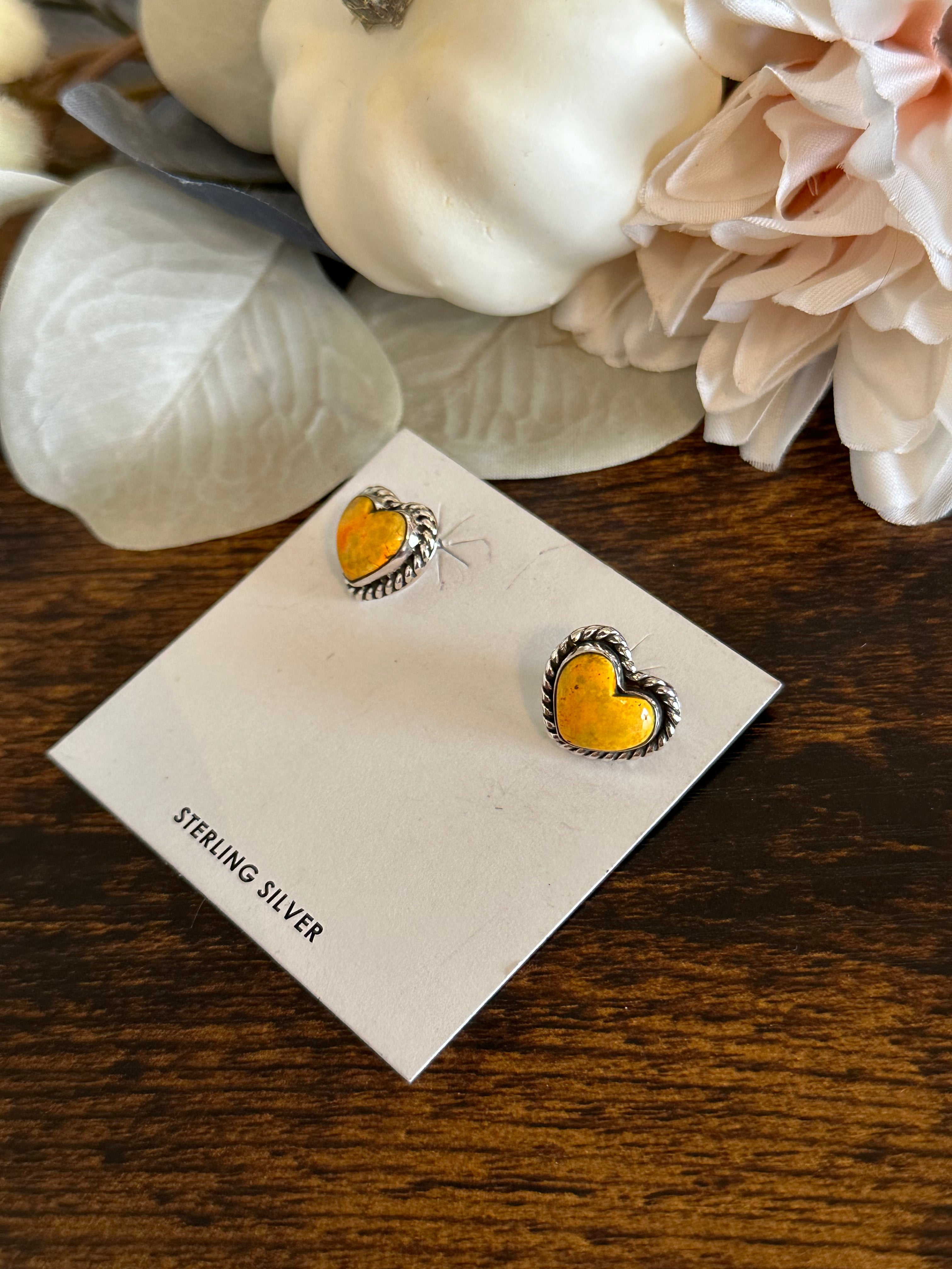 Southwest Handmade Bumblebee Jasper & Sterling Silver Post Heart Earrings