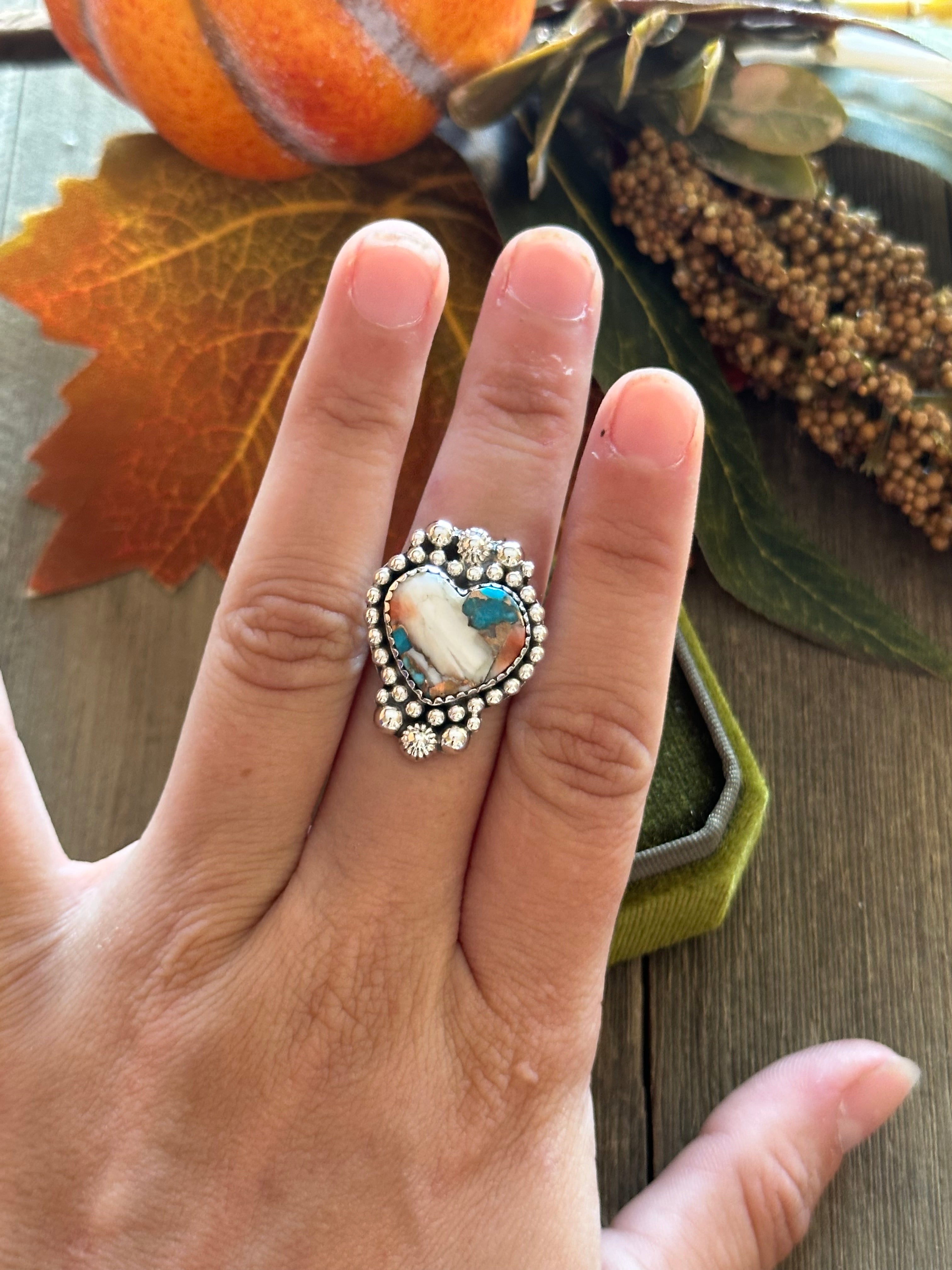 Southwest Handmade Mohave Turquoise & Sterling Silver Heart Ring Size 7.5