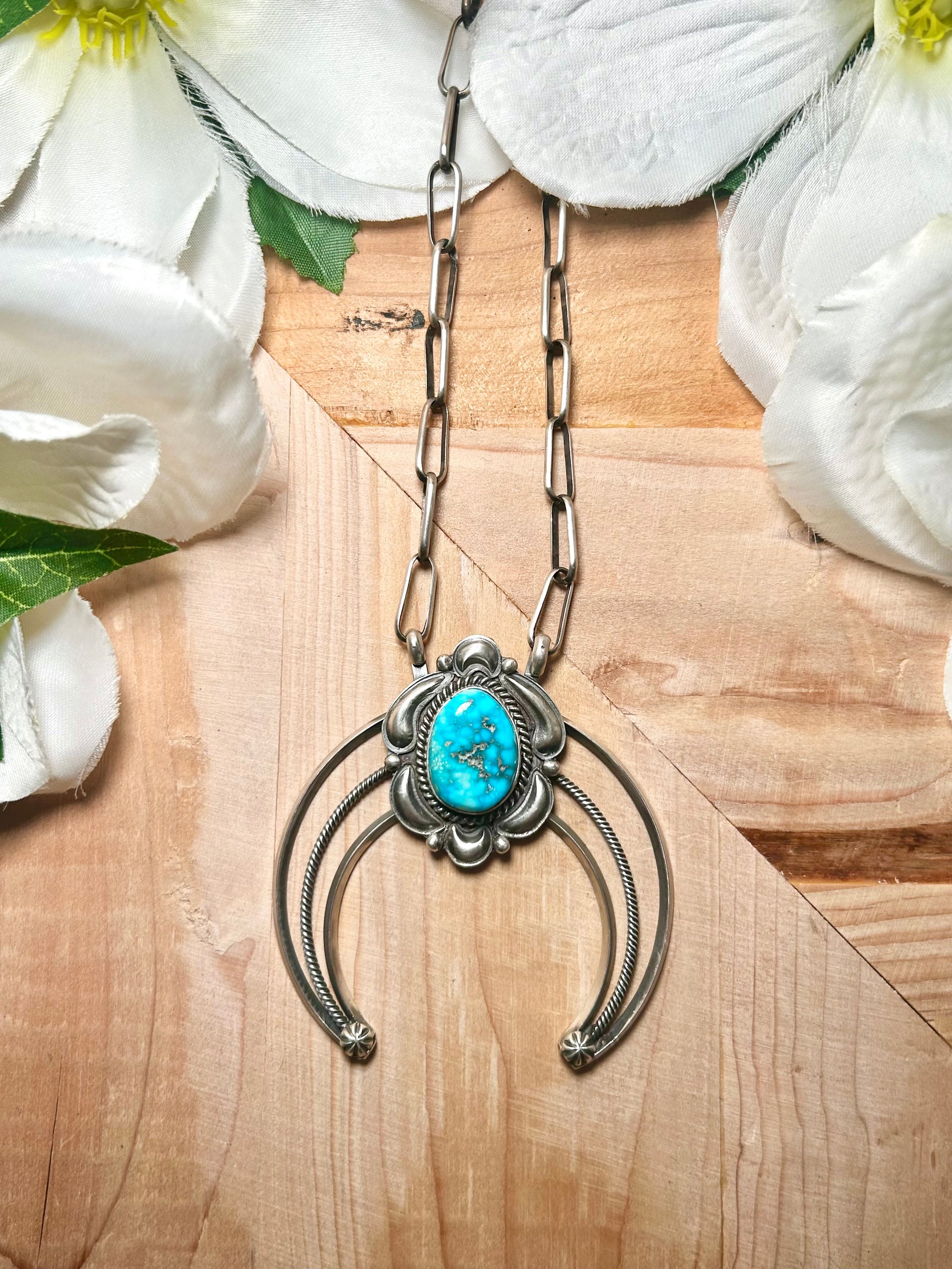 Navajo Made Natural Ithaka Peak Turquoise & Sterling Silver Necklace