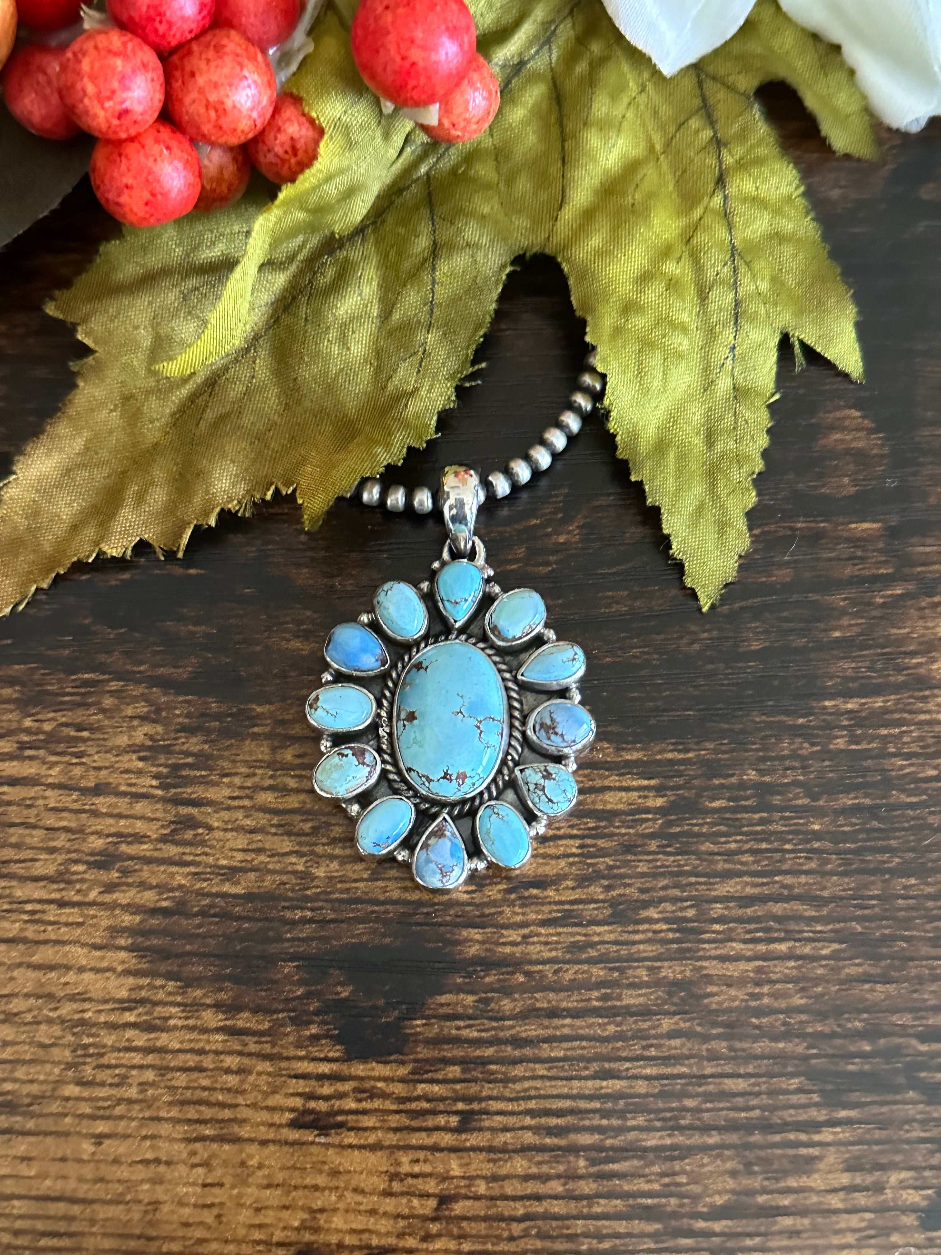 Southwest Handmade Golden Hills Turquoise & Sterling Silver Cluster Pendant