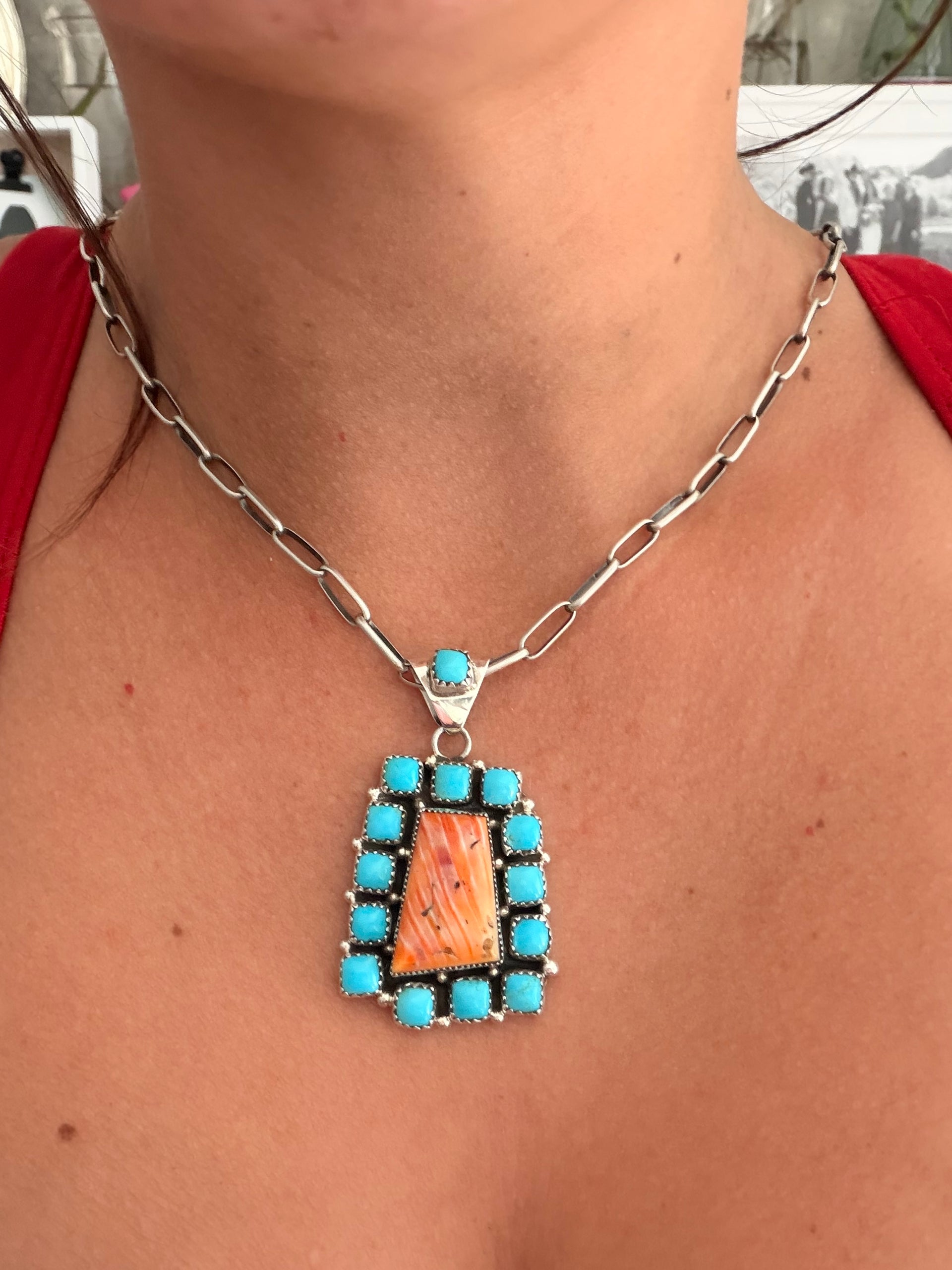 Navajo Made Multi Stone & Sterling Silver Cluster Pendant