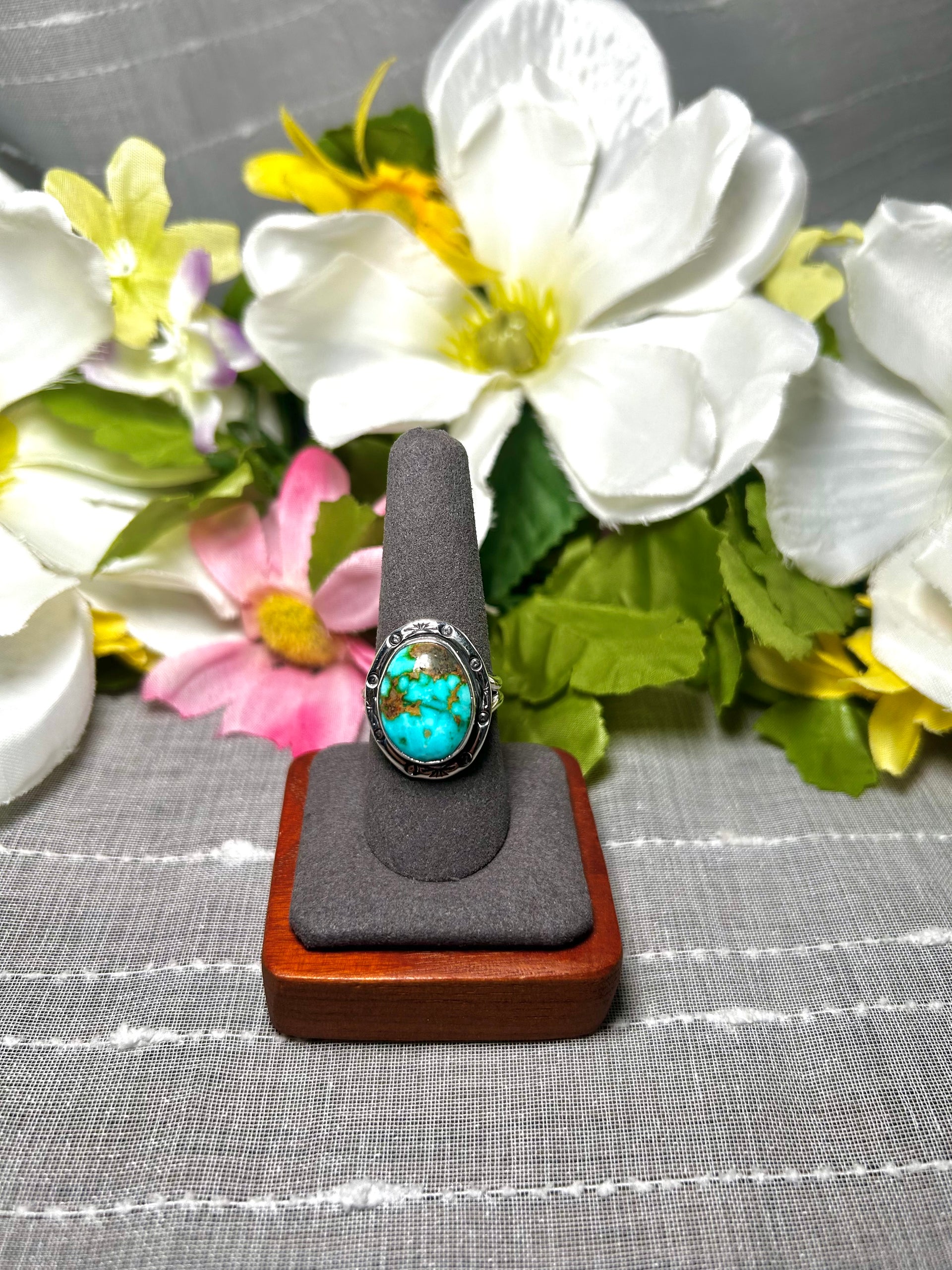 Navajo Made Natural Sonoran Mountain Turquoise & Sterling Silver Ring Size 9.75