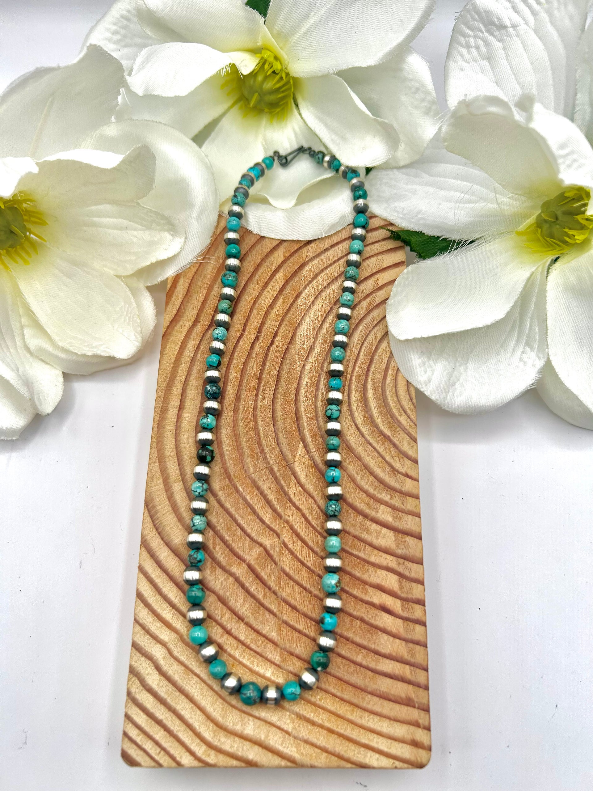 Navajo Made Strung 6 MM Red Skin Turquoise & Sterling Silver Necklace