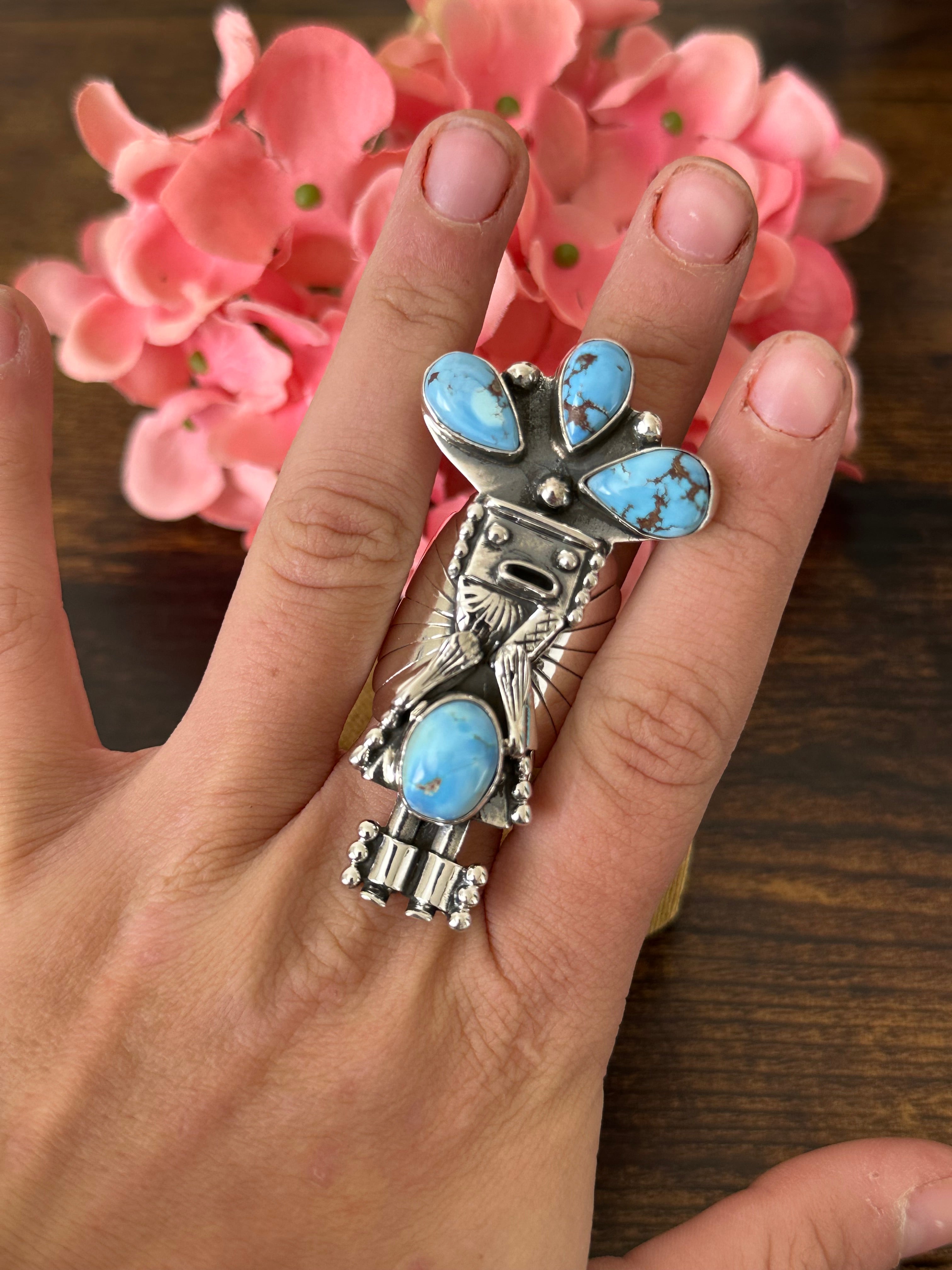 Southwest Handmade Golden Hills Turquoise & Sterling Silver Adjustable Kokopelli Ring