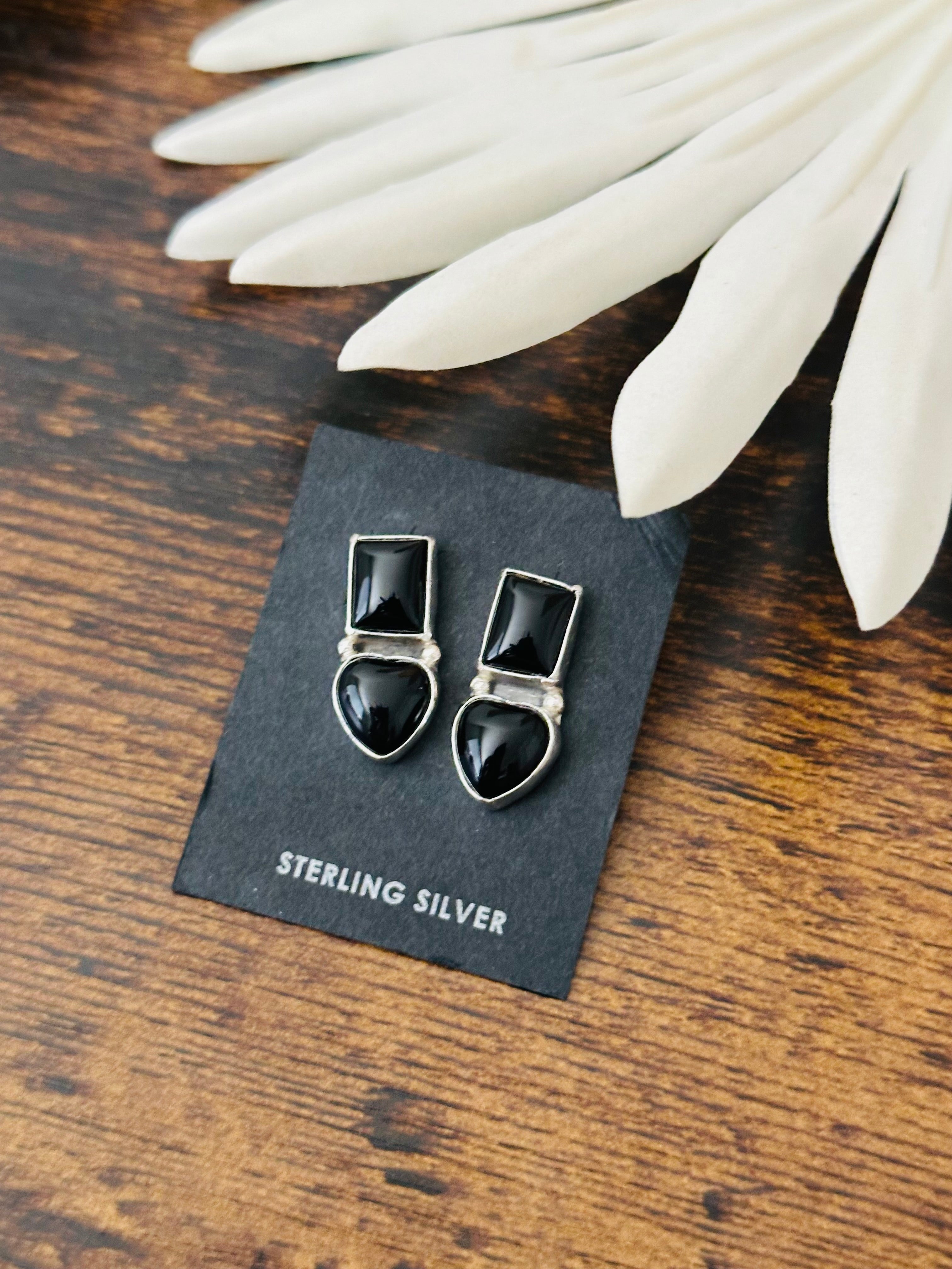 Navajo Made Onyx & Sterling Silver Post Dangle Earrings