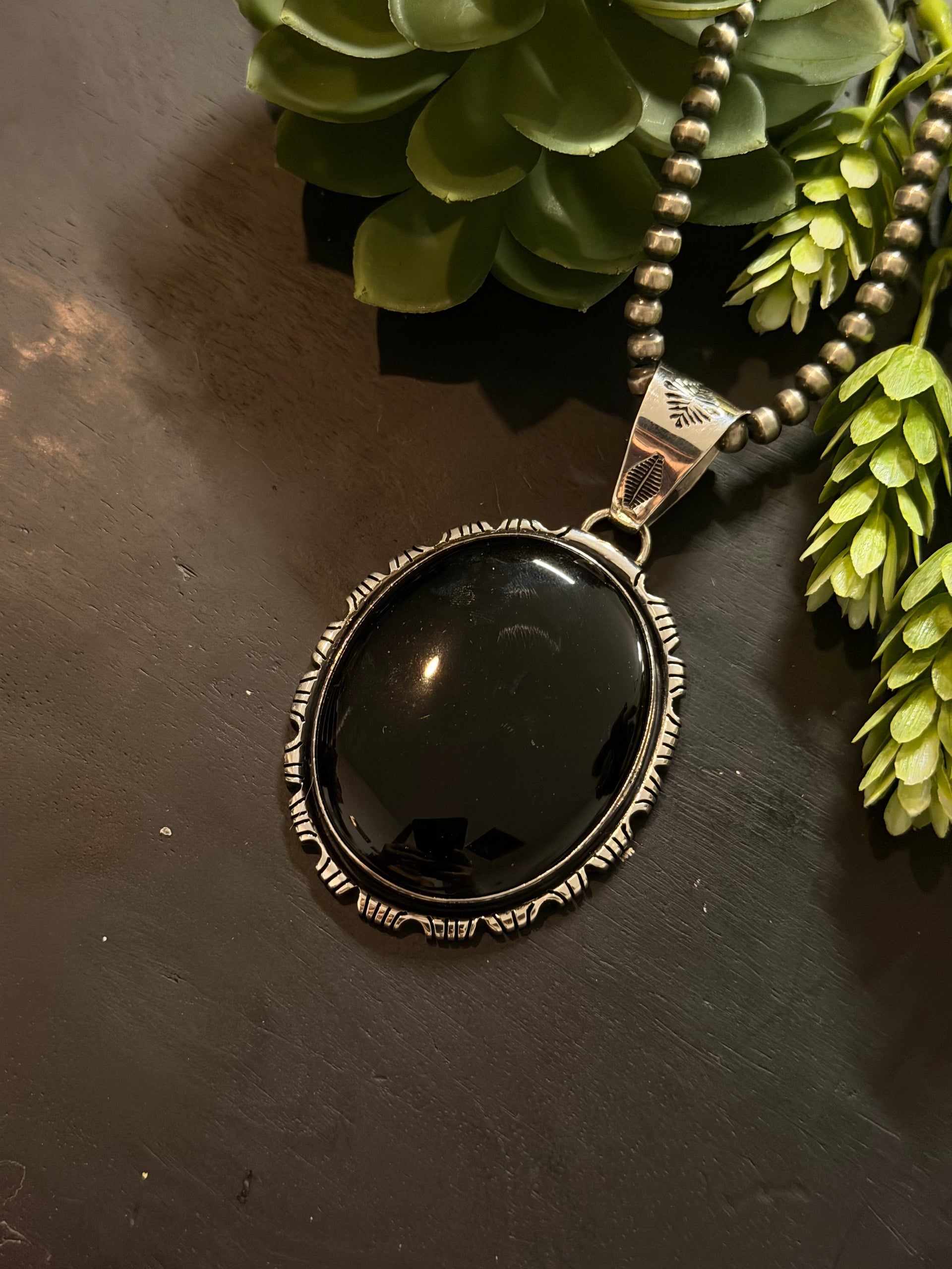 Navajo Made Onyx & Sterling Silver Pendant