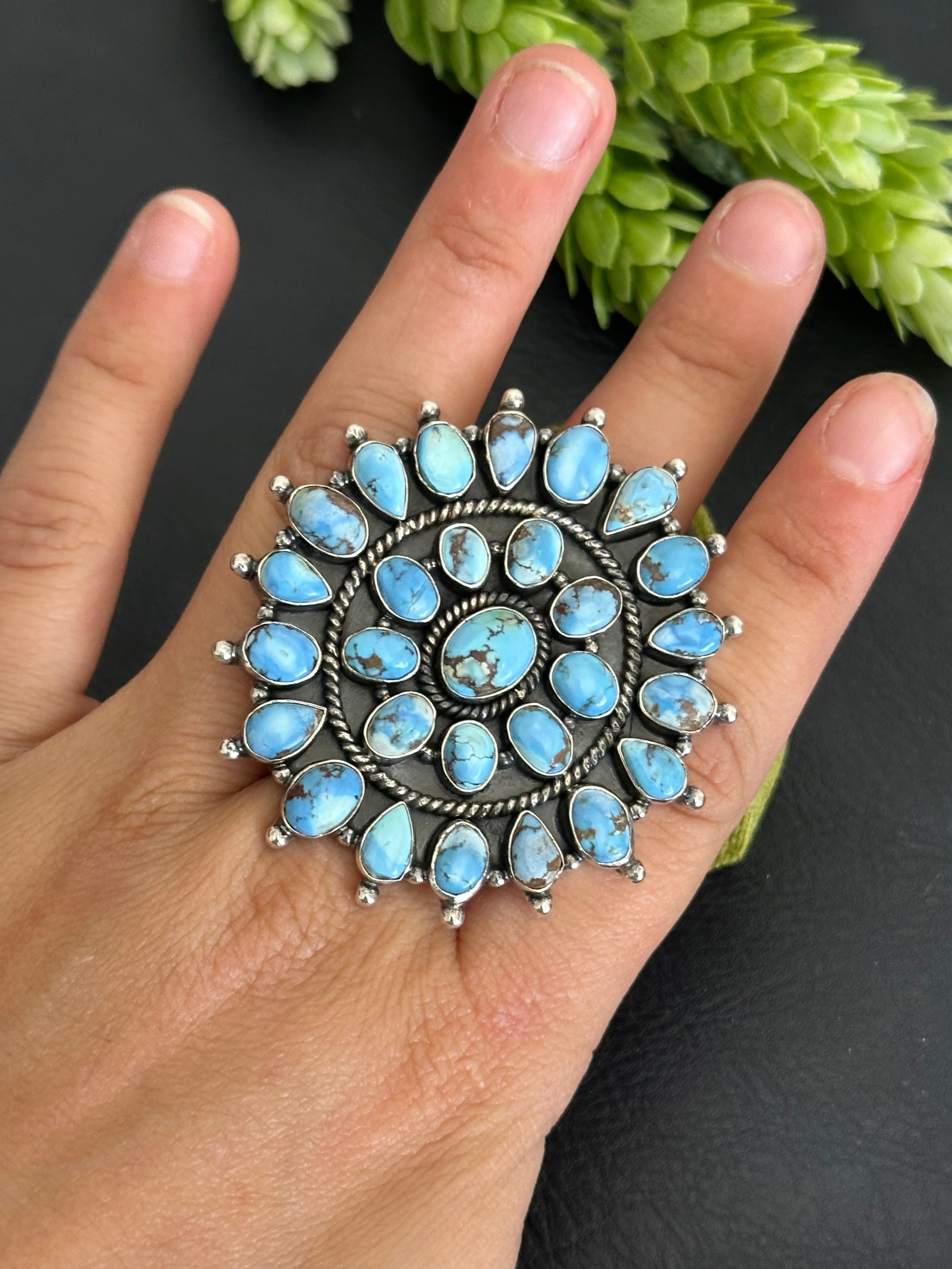 Southwest Handmade Golden Hills Turquoise & Sterling Silver Adjustable Cluster Ring