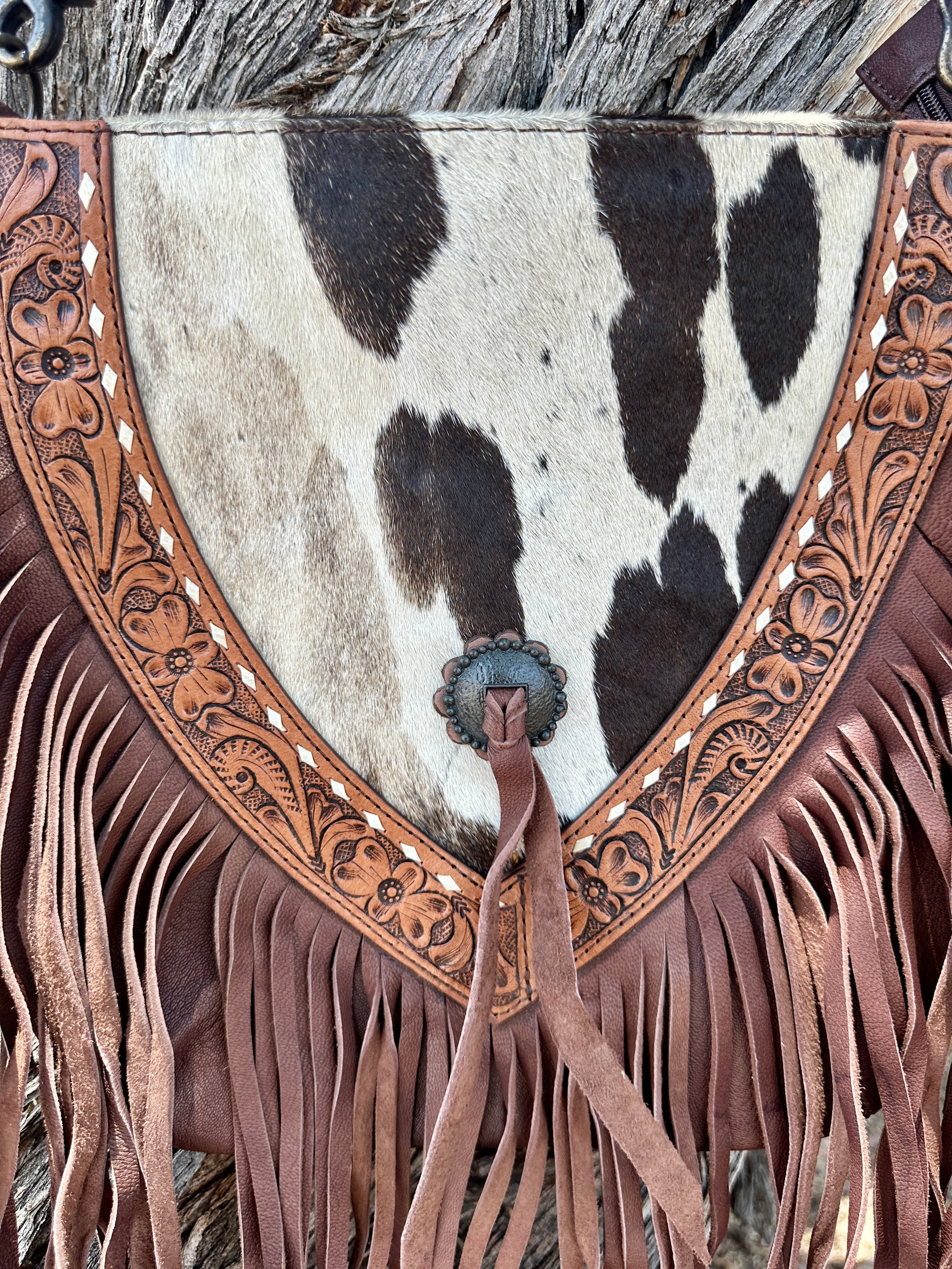 Genuine Tooled Leather & Cowhide Fringe Purse