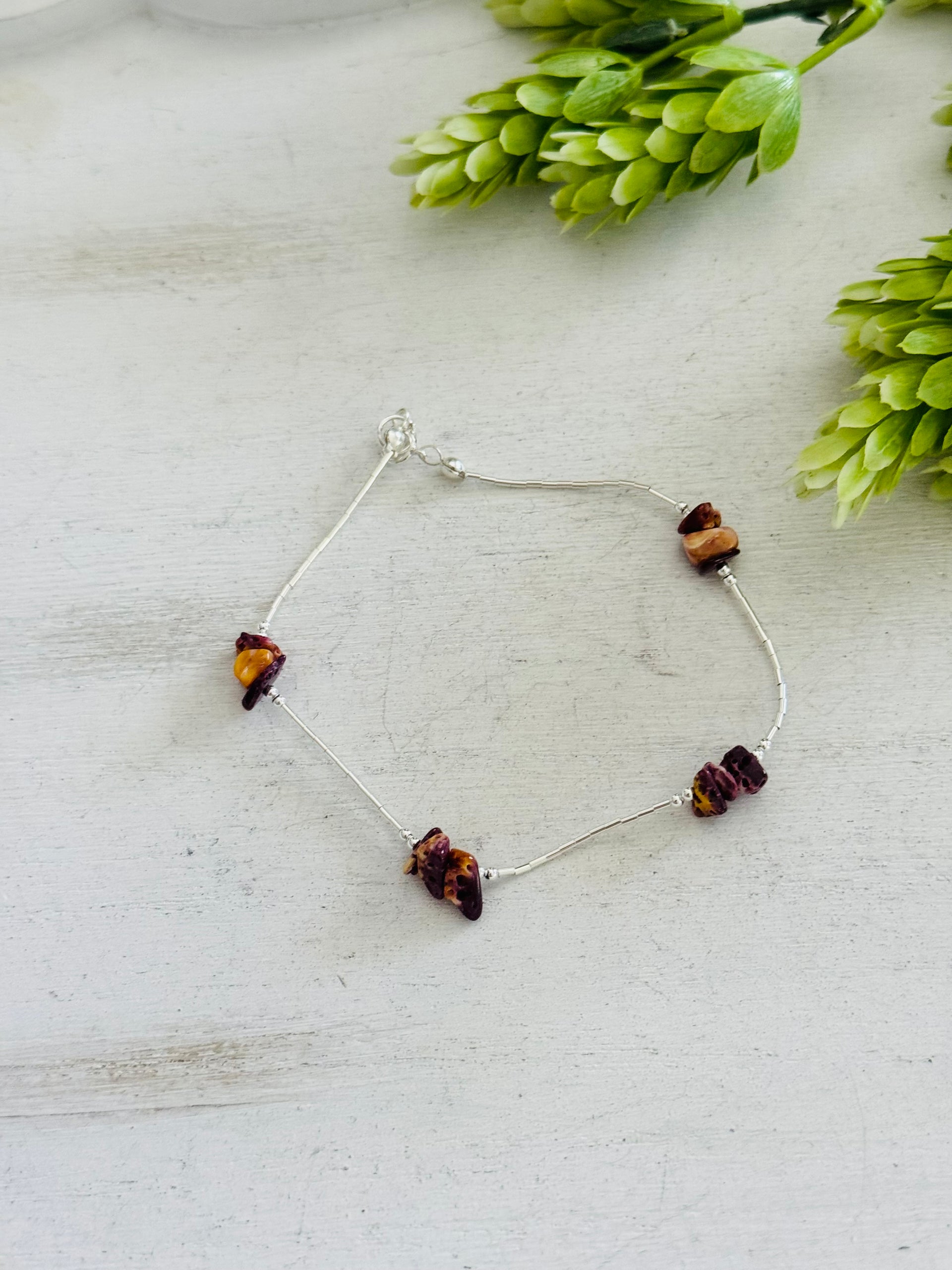 Southwest Strung Purple Spiny Oyster & Sterling Silver Beaded Anklet