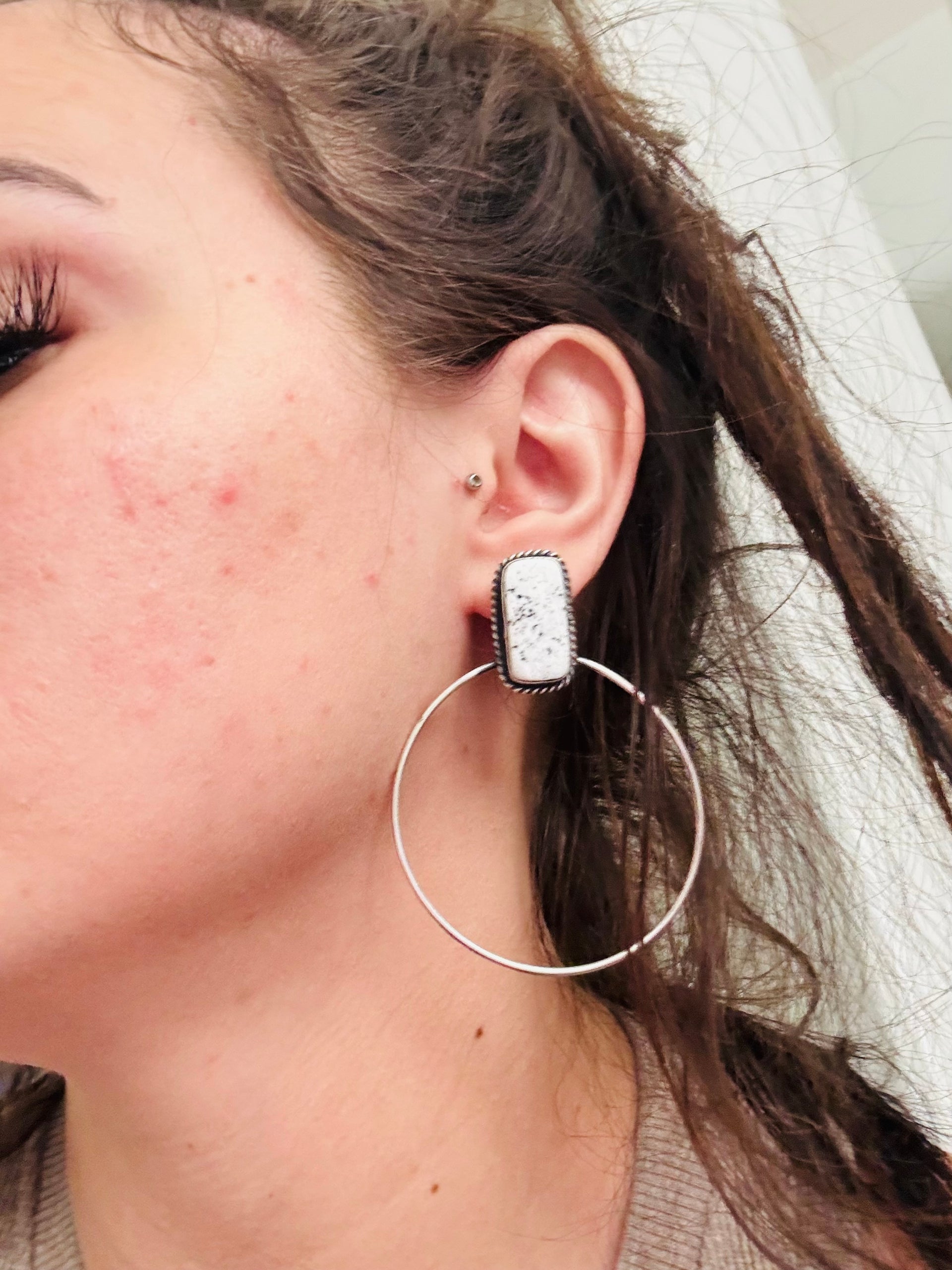 Elouise Kee White Buffalo & Sterling Silver Post Dangle Hoop Earrings