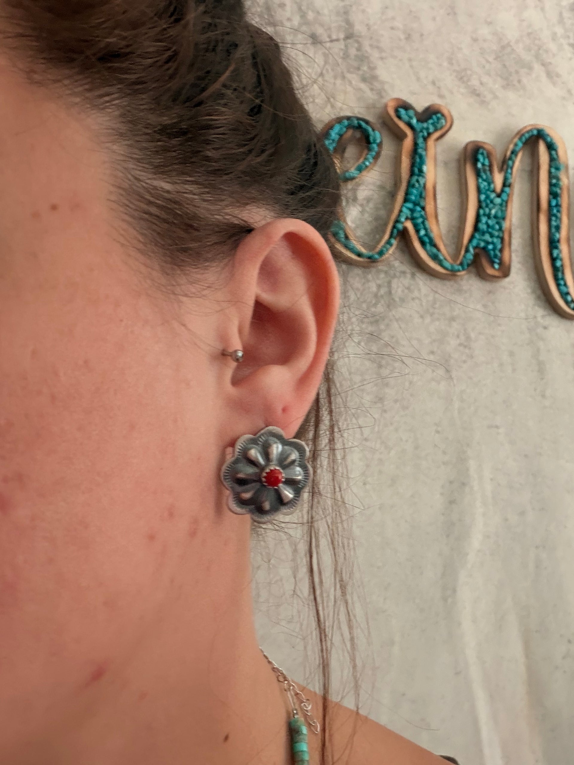 Navajo Made Coral & Sterling Silver Post Concho Earrings