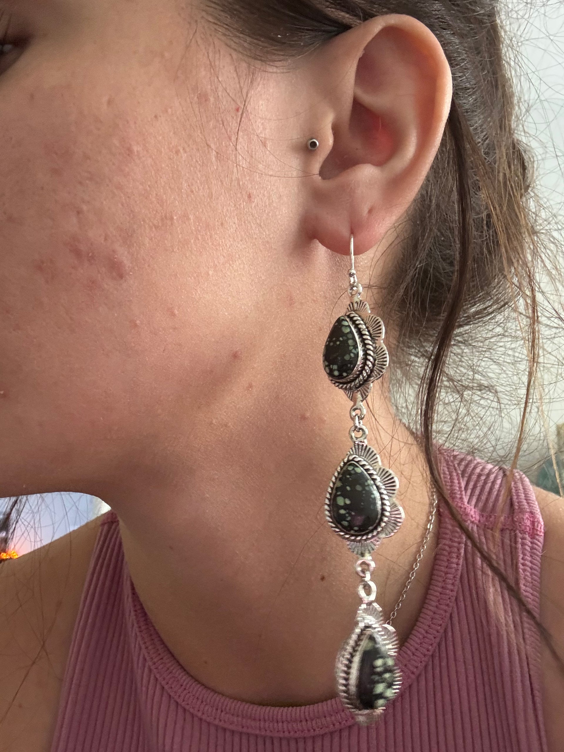 Southwest Handmade New Lander Variscite & Sterling Silver Dangle Earrings