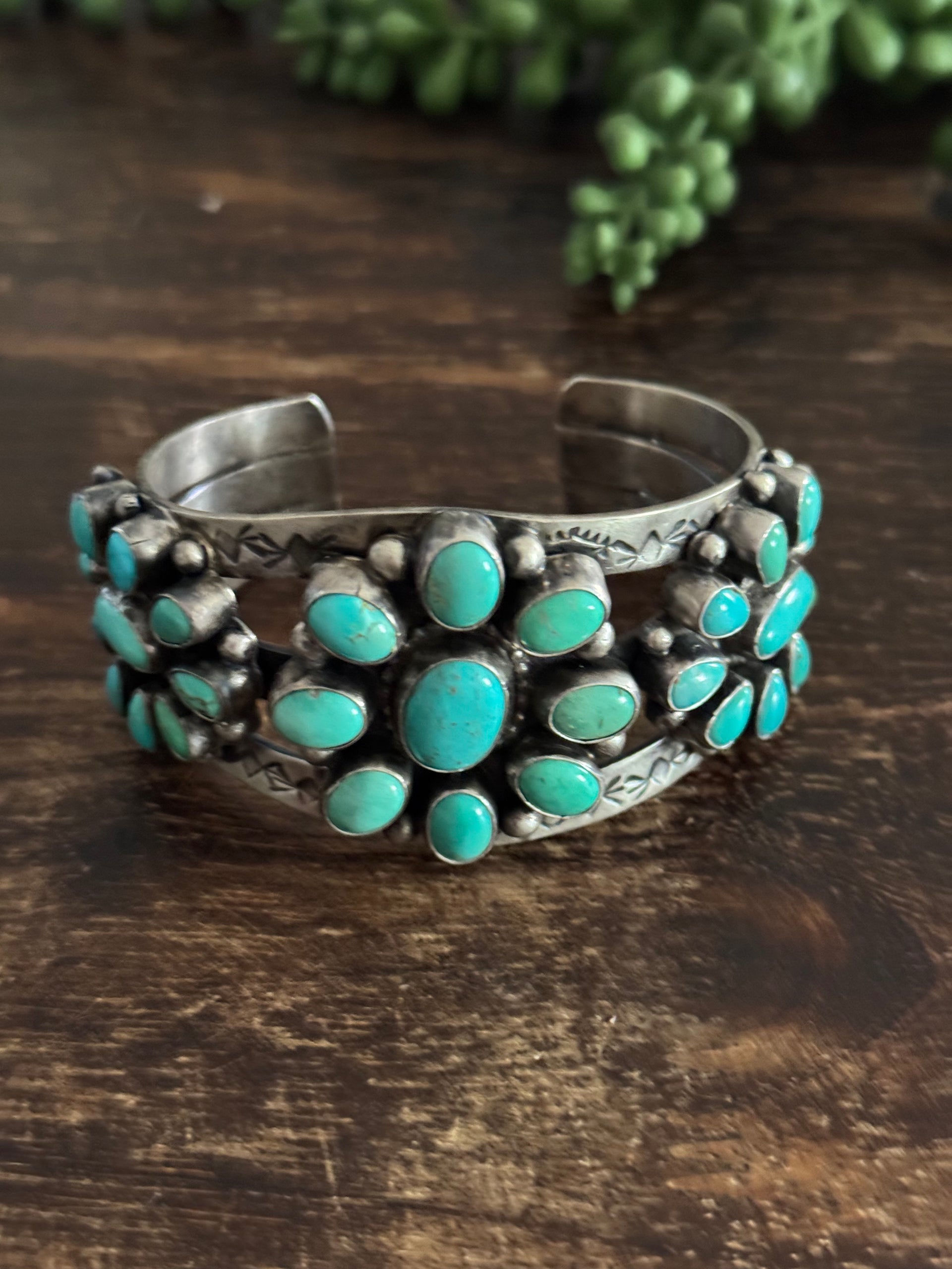 Bobby Johnson Kingman Turquoise & Sterling Silver Cluster Cuff Bracelet