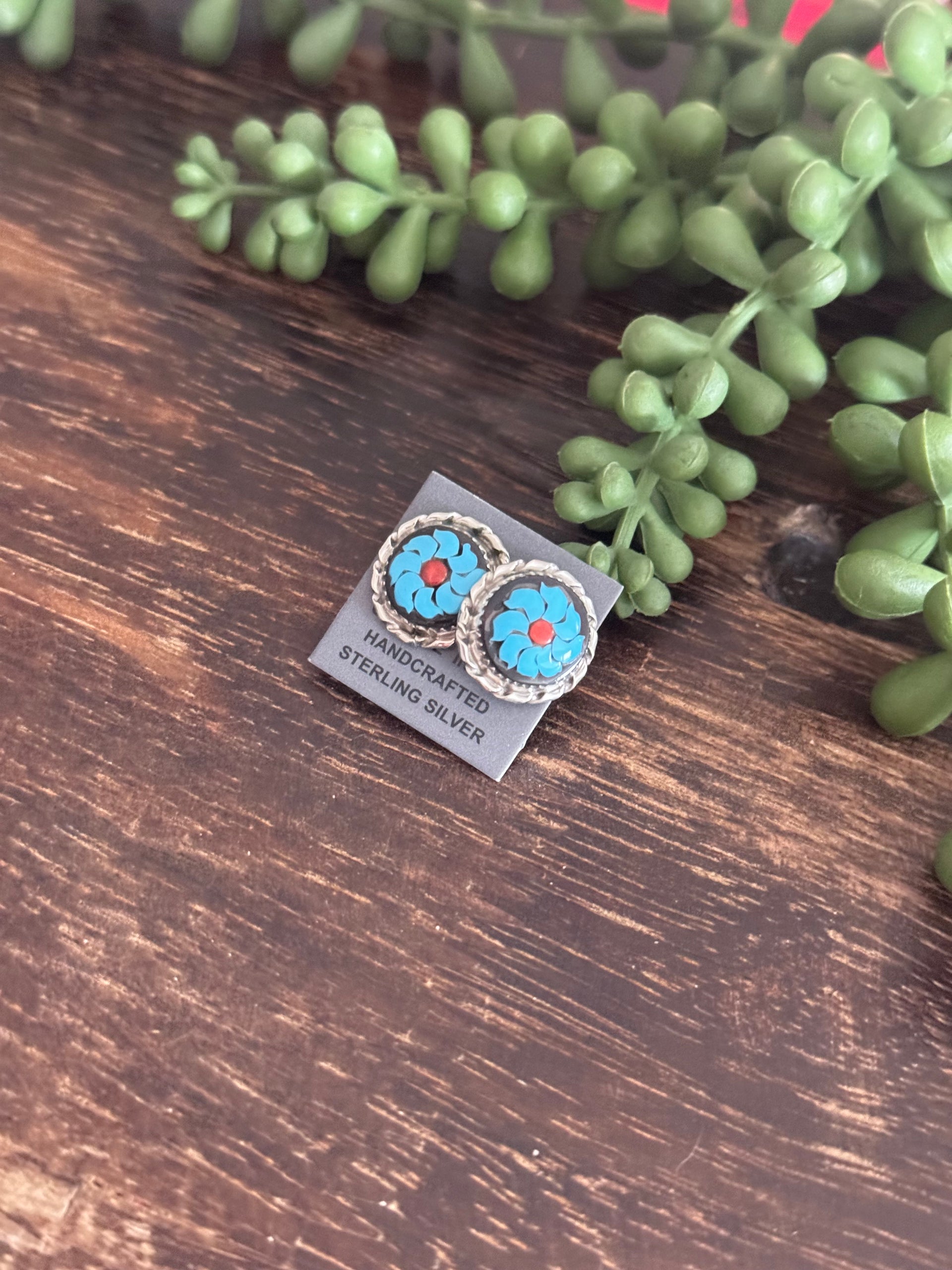 Zuni Made Multi Stone & Sterling Silver Post Inlay Earrings